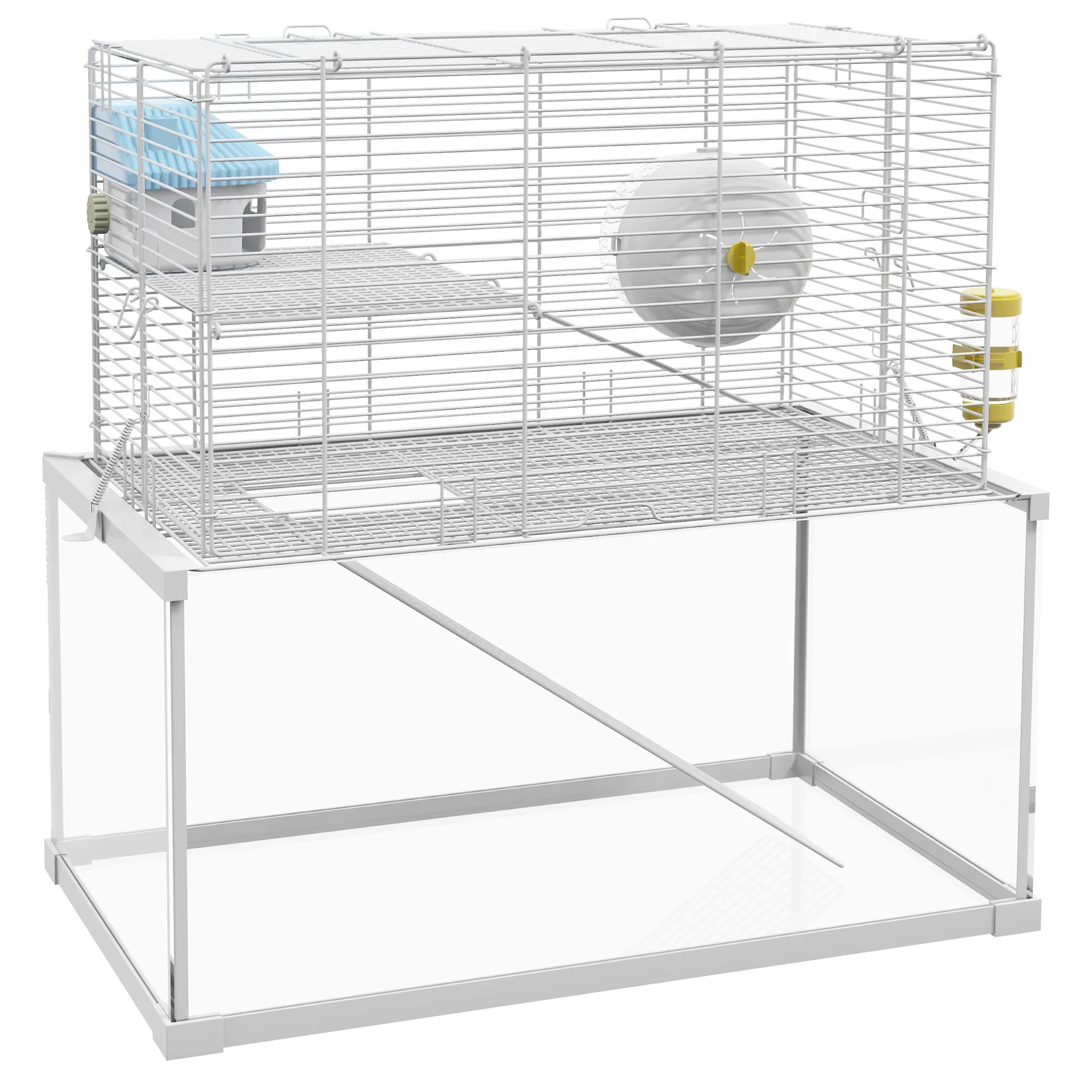 Gerbil Cage, Dwarf Hamster Cage w/ Deep Glass Bottom, Ramps Platforms Hut Exercise Wheel Water Bottle - White