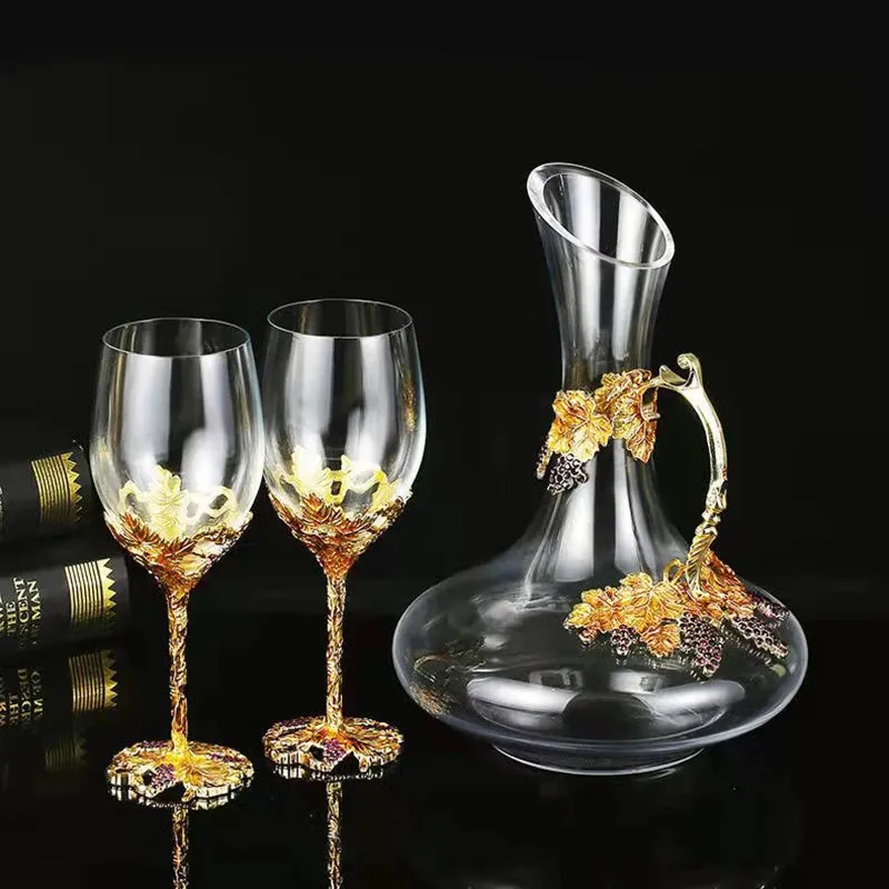 Golden Grape Vintage Enamel Lead Free Crystal Goblet Wine Glasses and Wine Decanter