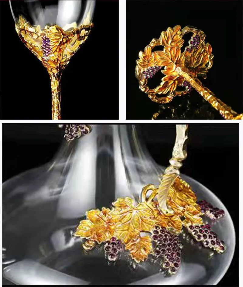 Golden Grape Vintage Enamel Lead Free Crystal Goblet Wine Glasses and Wine Decanter