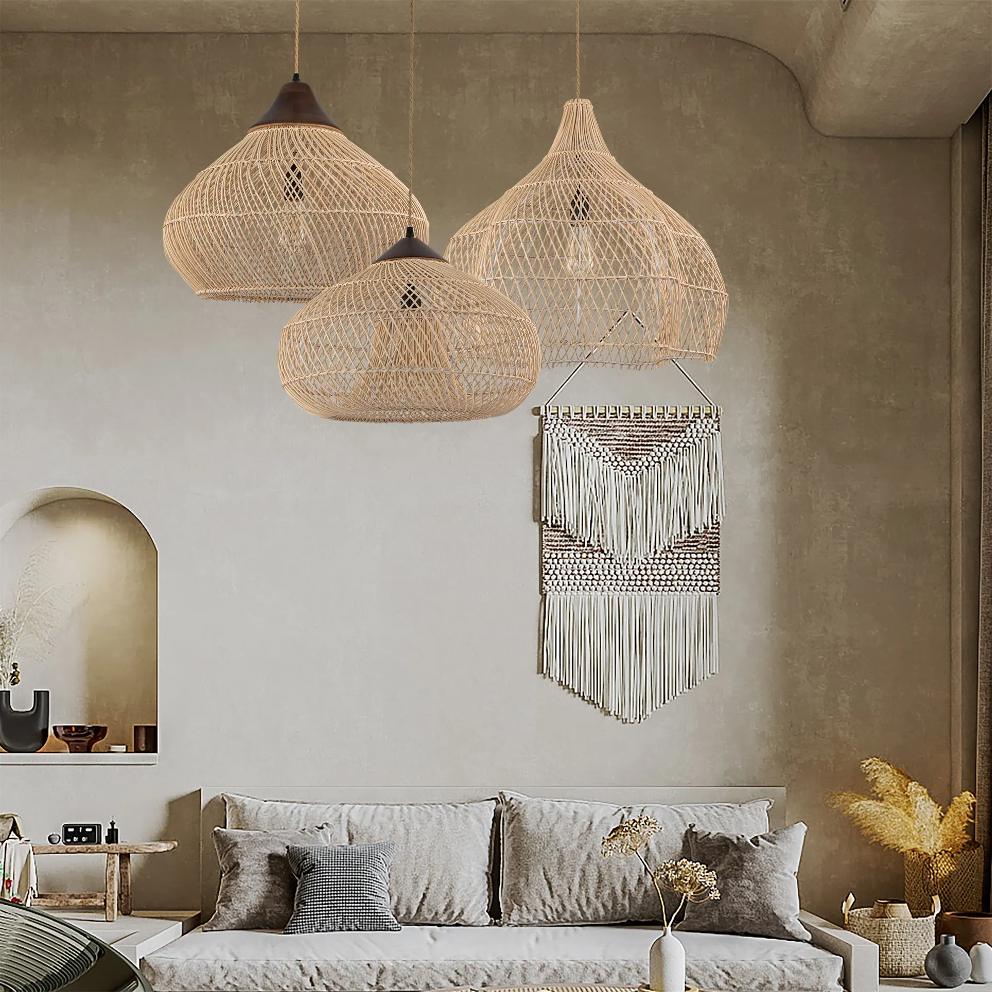 Huka Wabi-Sabi Contemporary Rattan Pendant Light Rustic Boho Interior Decor Light