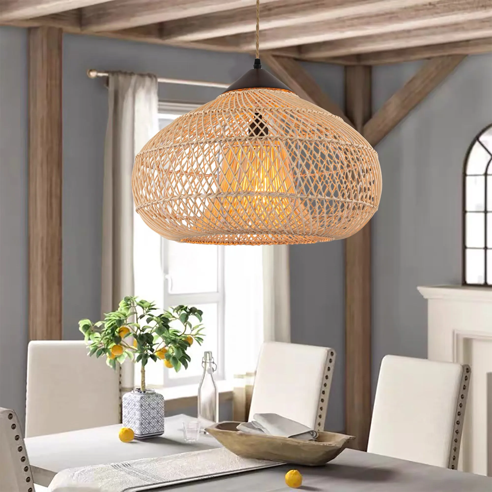 Huka Wabi-Sabi Contemporary Rattan Pendant Light Rustic Boho Interior Decor Light