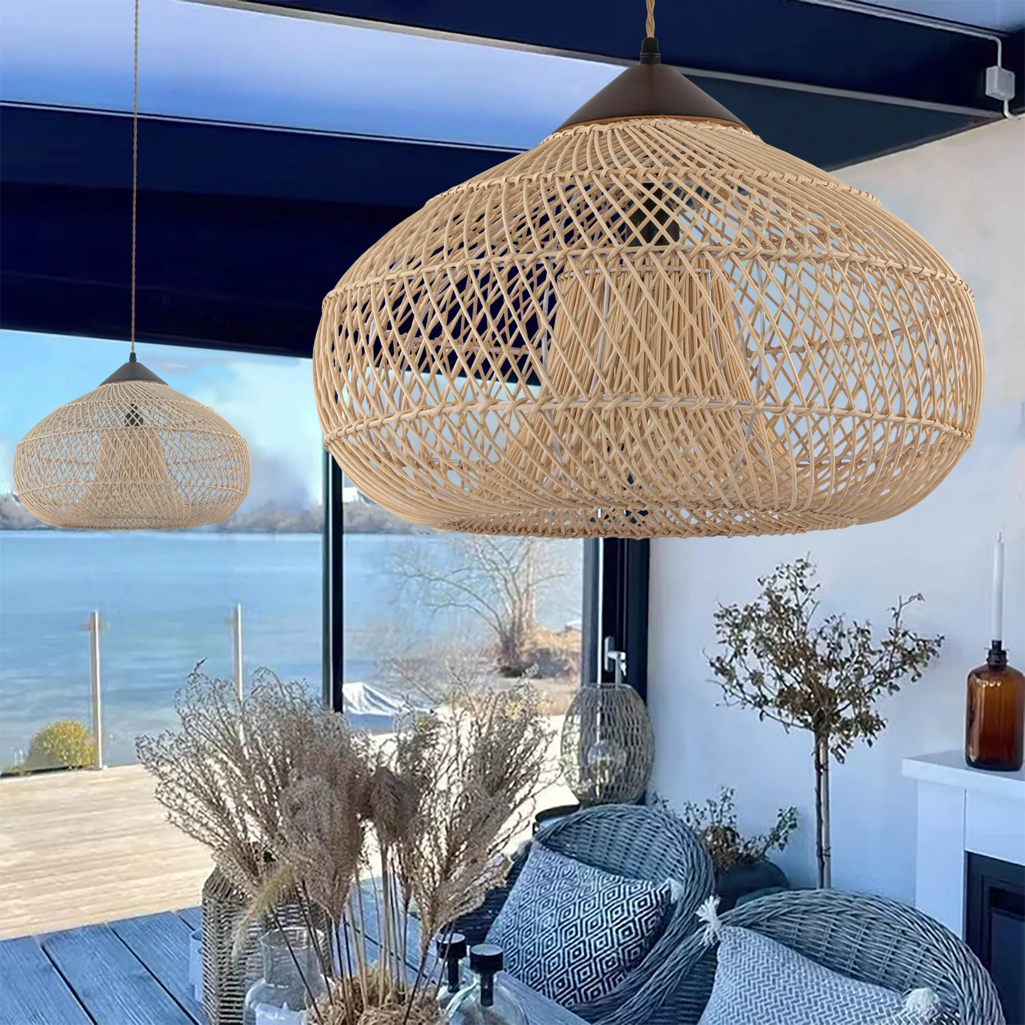 Huka Wabi-Sabi Contemporary Rattan Pendant Light Rustic Boho Interior Decor Light