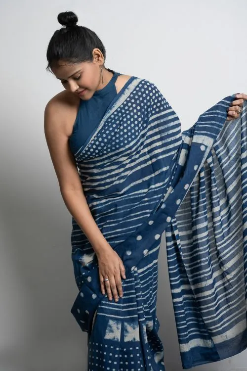 ICH Cotton Appeal. Dabu Hand Block Printed Mul Cotton Saree - Dot & Stripes