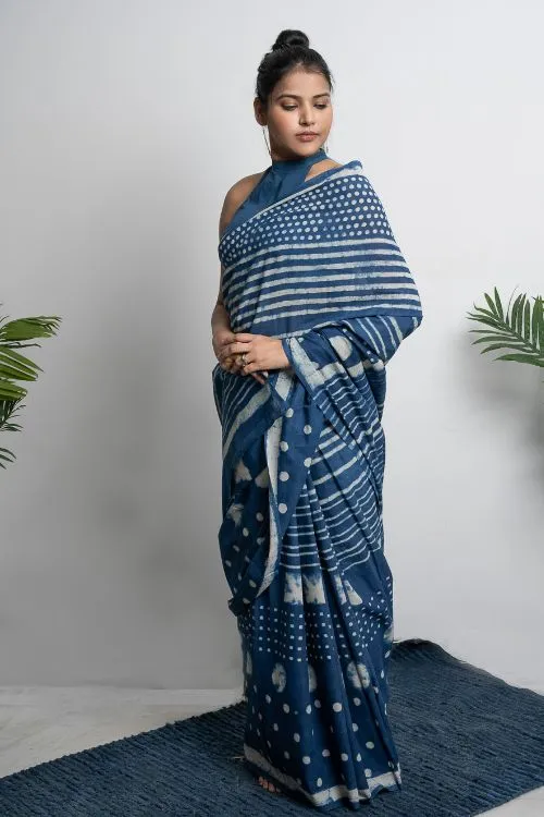 ICH Cotton Appeal. Dabu Hand Block Printed Mul Cotton Saree - Dot & Stripes