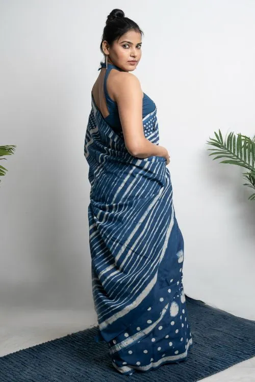 ICH Cotton Appeal. Dabu Hand Block Printed Mul Cotton Saree - Dot & Stripes