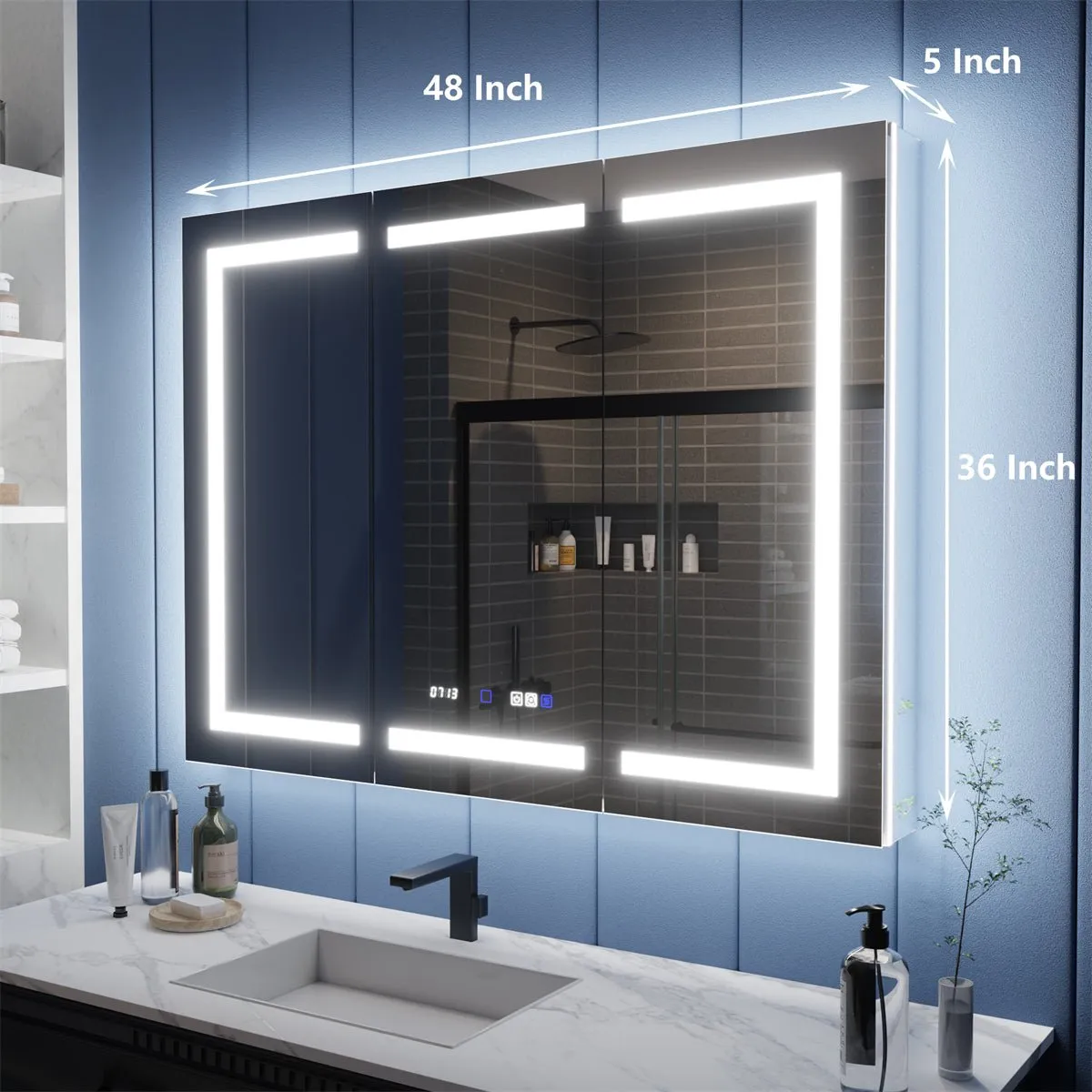 Illusion-B 48" x 36" LED Lighted Inset Mirrored Medicine Cabinet with Magnifiers Front and Back Light