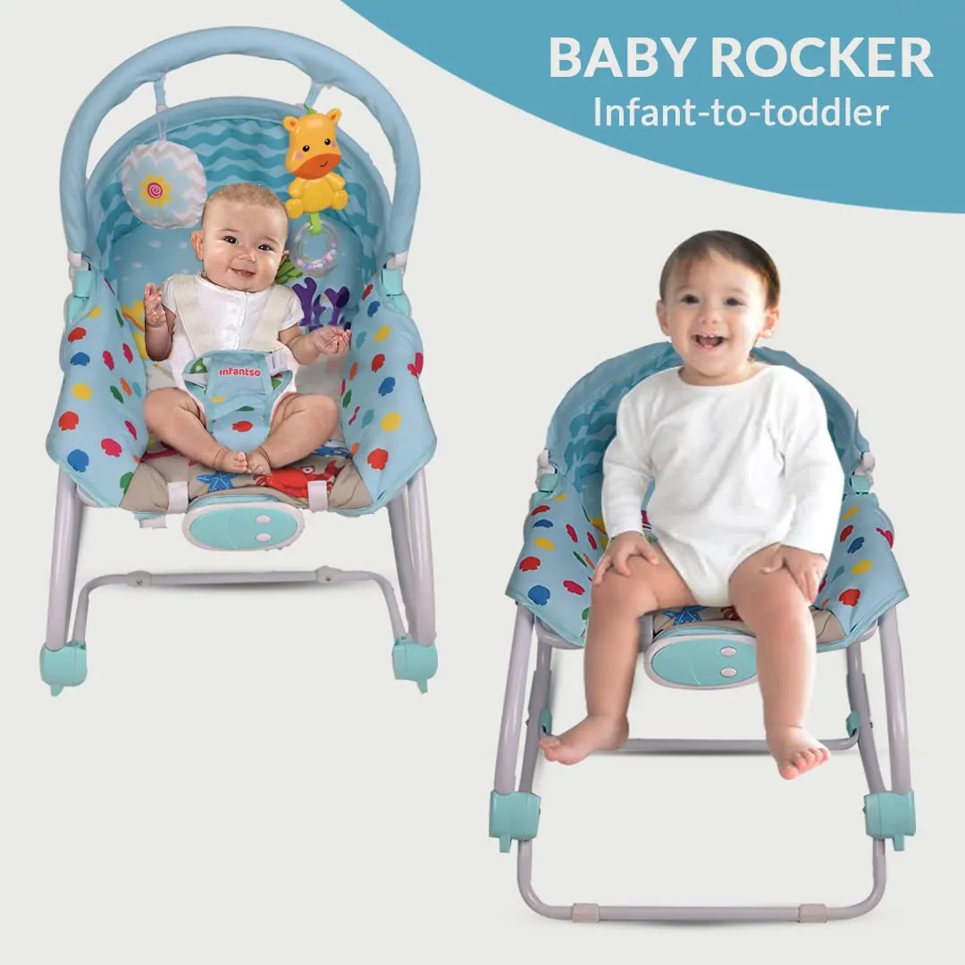 INFANTSO Baby Rocker Portable with Free Mosquito Net & Calming Vibrations & Musical Toy (03-Blue)