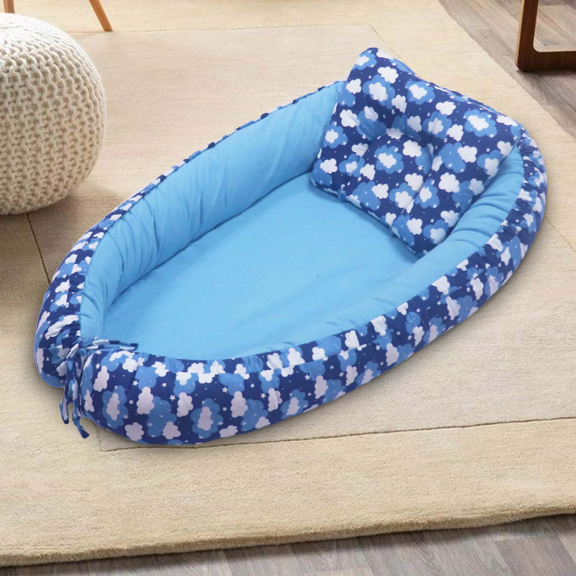 Kradyl Kroft Baby Boat Bed for Babies & Infants | Portable Baby Bedding Set with Pillow | Removable Covers | Double Side Baby Sleeping Bed | Baby Sleeping Pod (Clouds)