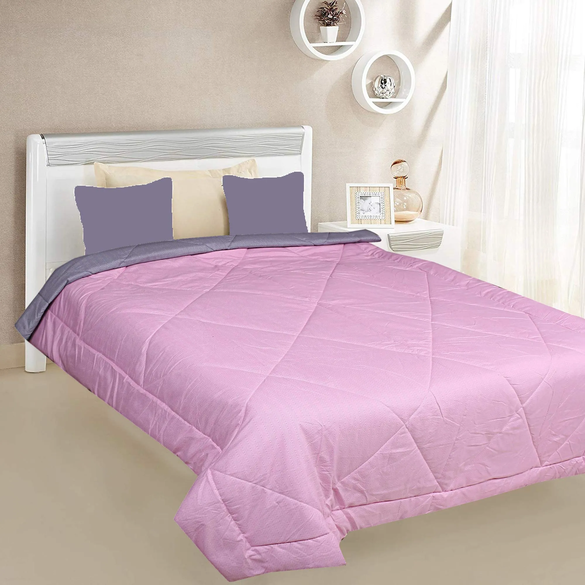 Kuber Industries Microfibre Printed Reversible Comforter, Double (Light Pink and Grey, 200 GSM), CTKTC013978