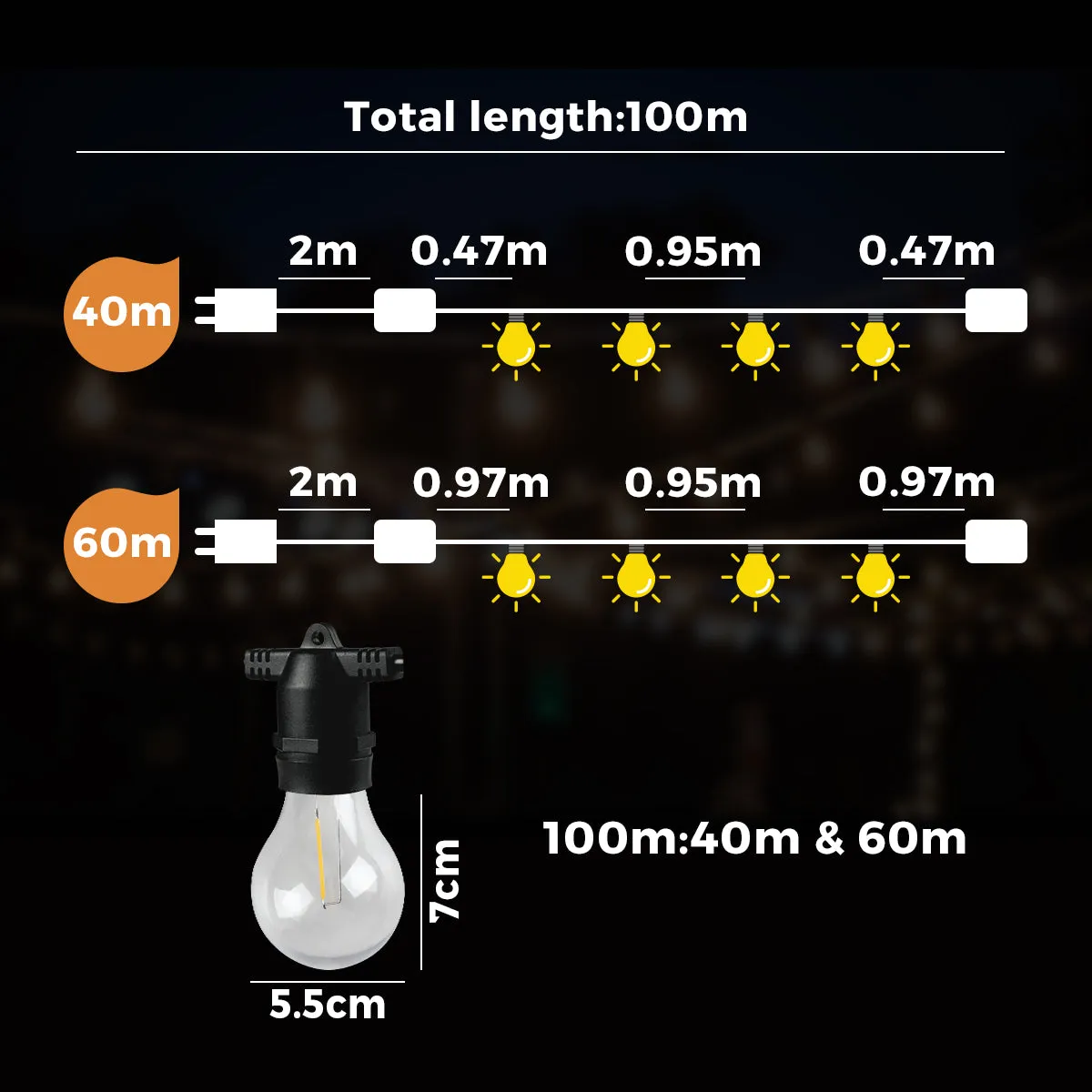 Mazam 100M Festoon String Lights LED Christmas Waterproof Wedding Party Outdoor