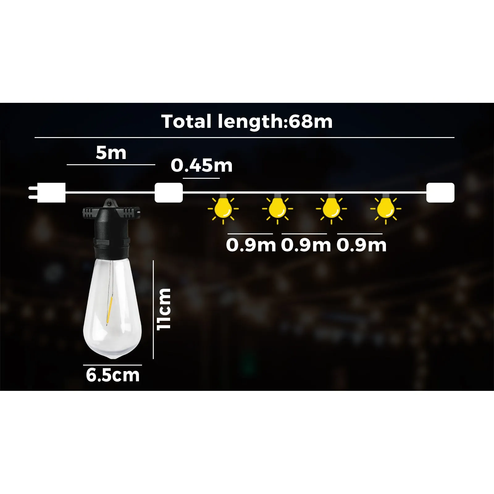 Mazam 68M LED Festoon Lights String Light Waterproof Outdoor Wedding Party