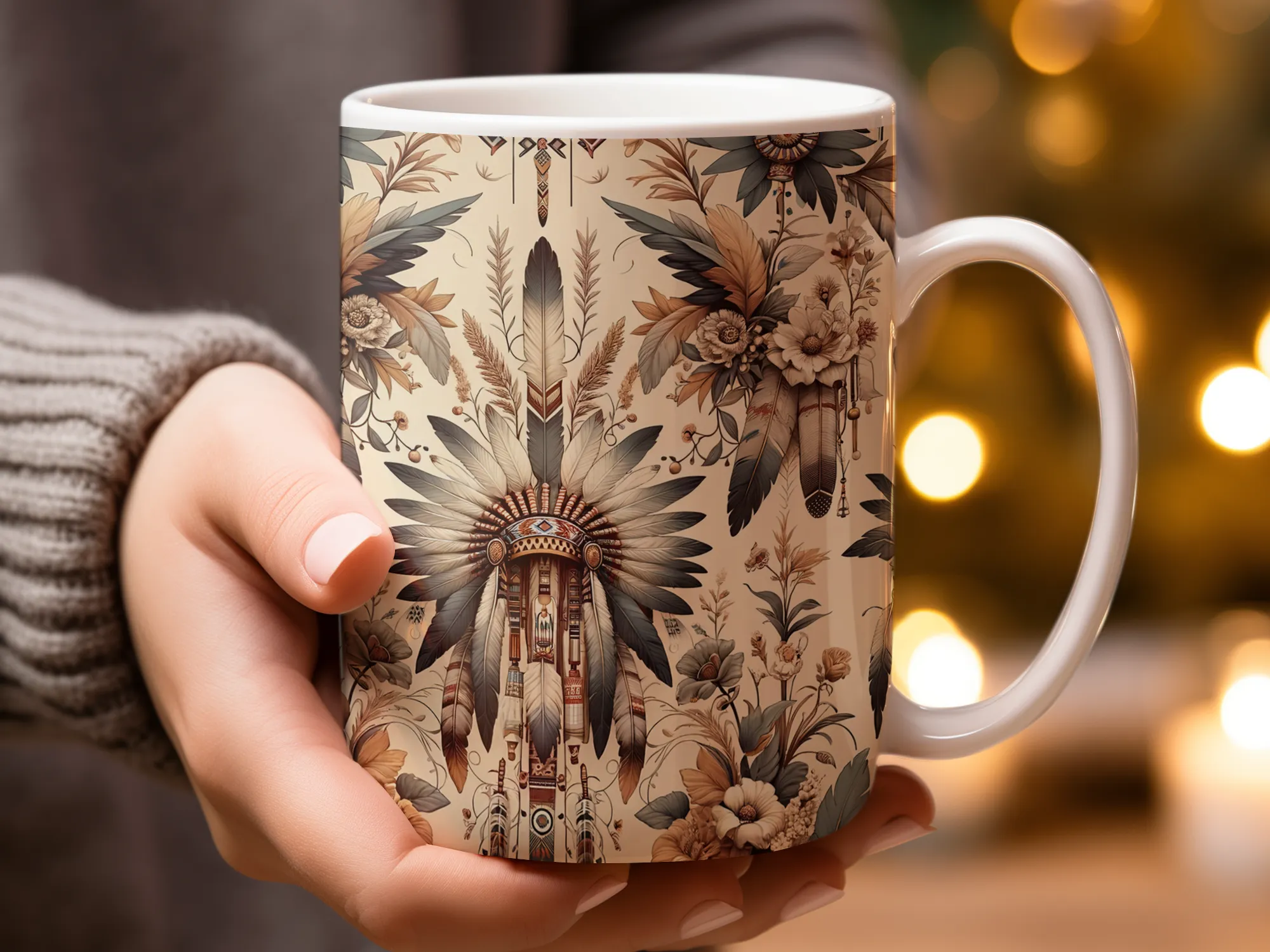 Native American Headdress Pattern Coffee Mug, Ceramic Coffee Cup, Native American Pattern Coffee Mug, Gift for Her