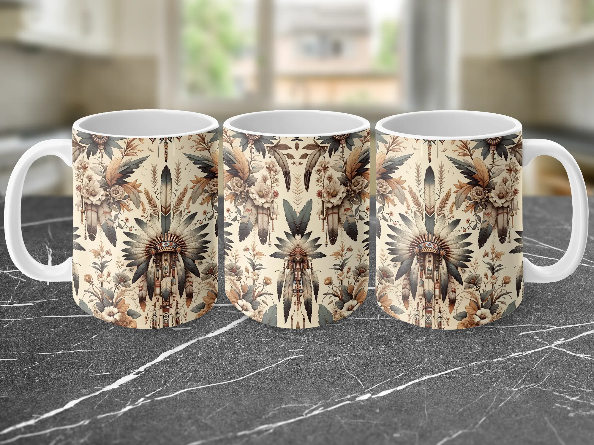 Native American Headdress Pattern Coffee Mug, Ceramic Coffee Cup, Native American Pattern Coffee Mug, Gift for Her