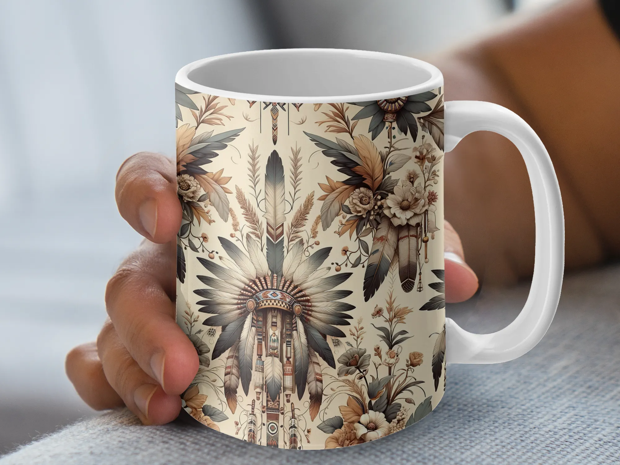 Native American Headdress Pattern Coffee Mug, Ceramic Coffee Cup, Native American Pattern Coffee Mug, Gift for Her