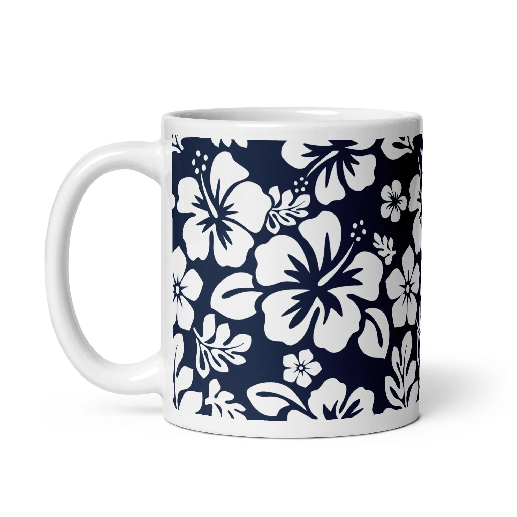 Navy Blue and White Hawaiian Flowers Coffee Mug