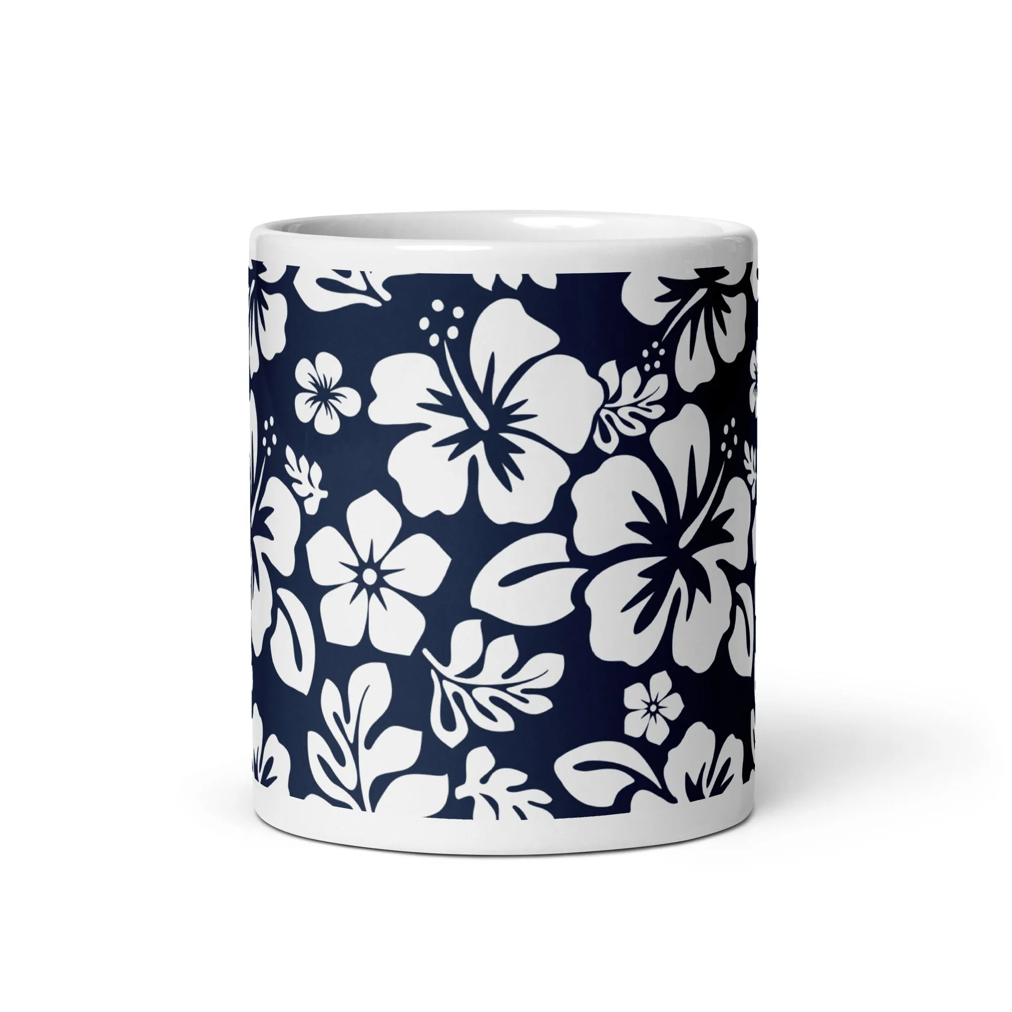 Navy Blue and White Hawaiian Flowers Coffee Mug