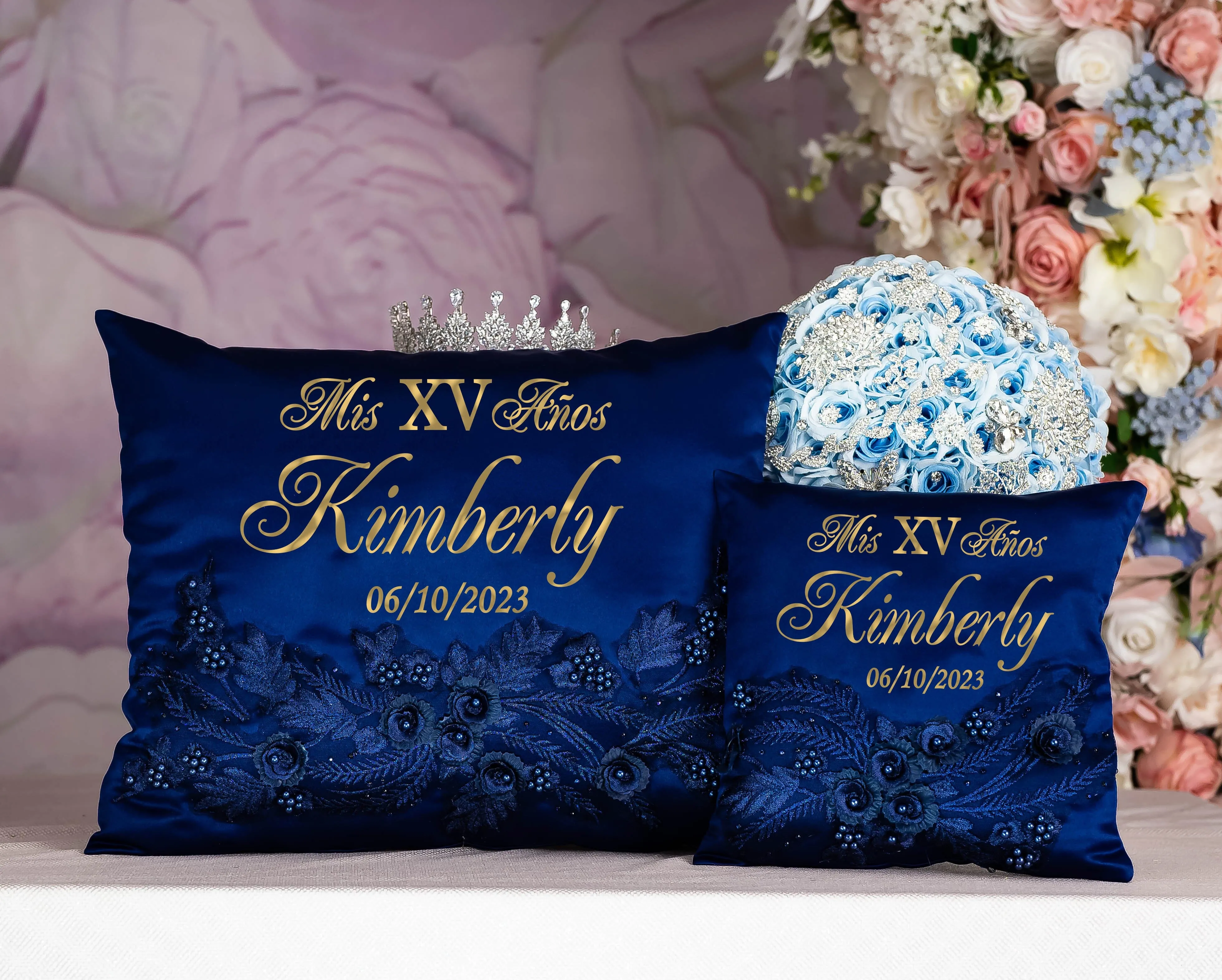 Navy blue with gold quinceanera brindis package with bottle