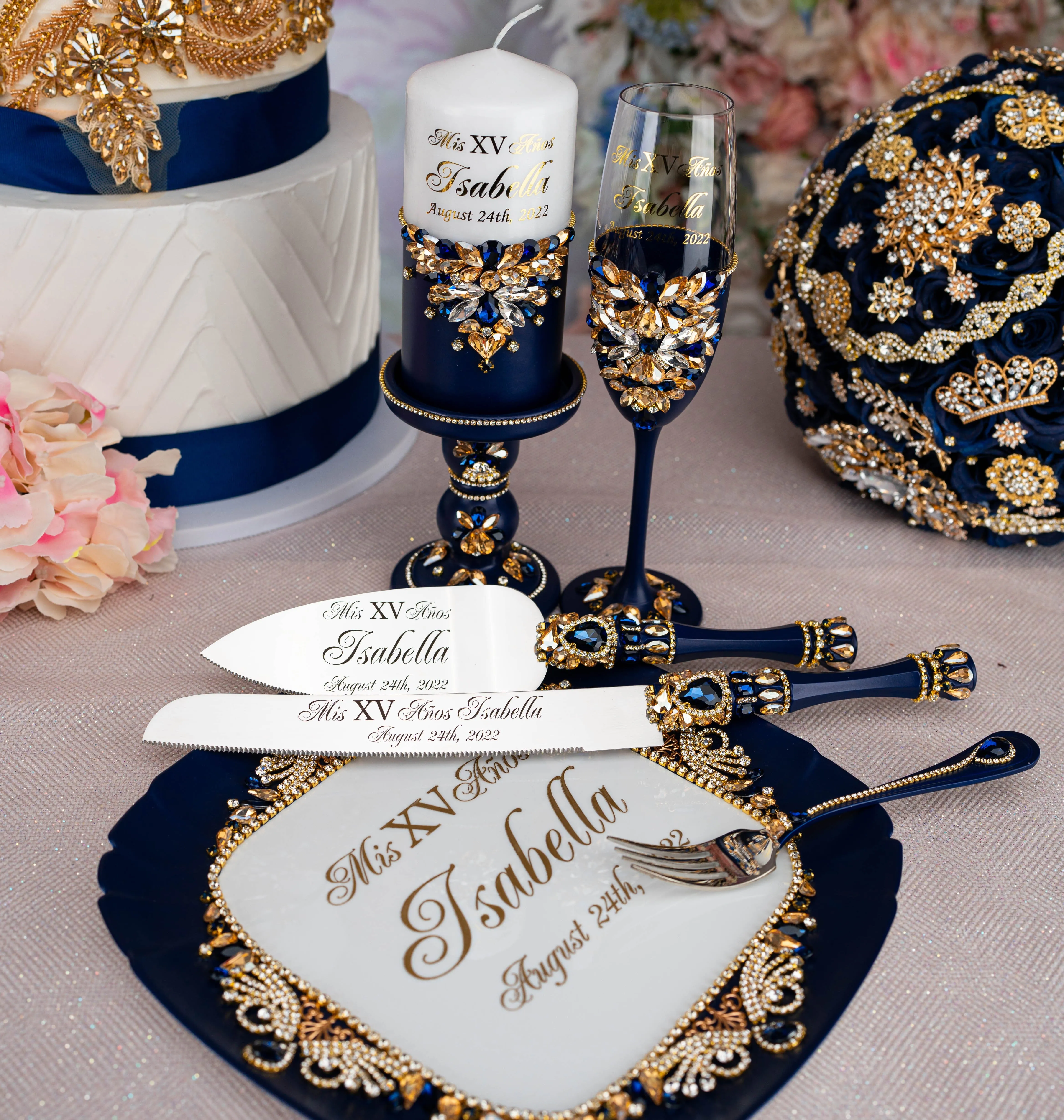 Navy blue with gold quinceanera brindis package with bottle