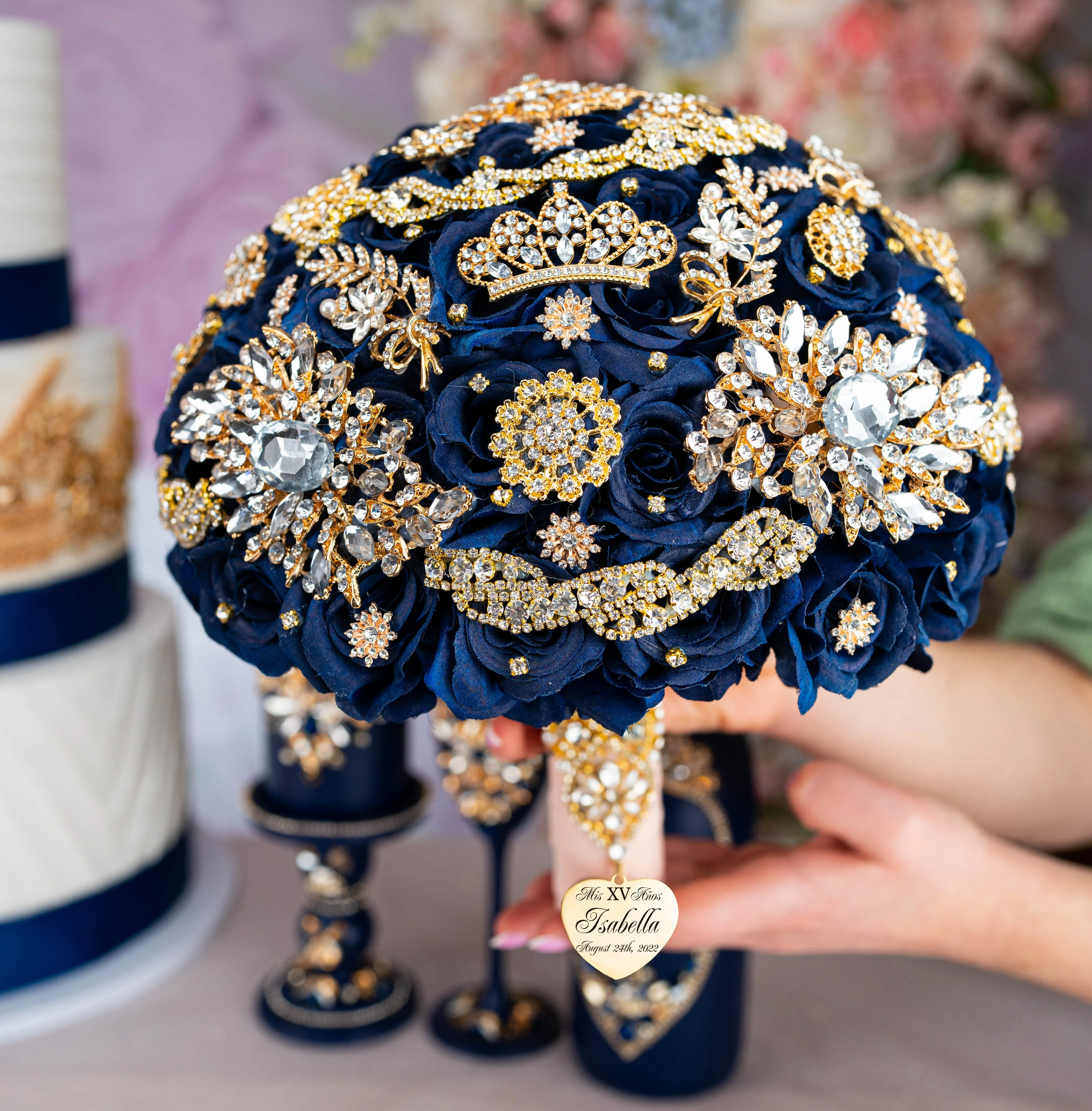 Navy blue with gold quinceanera brindis package with bottle