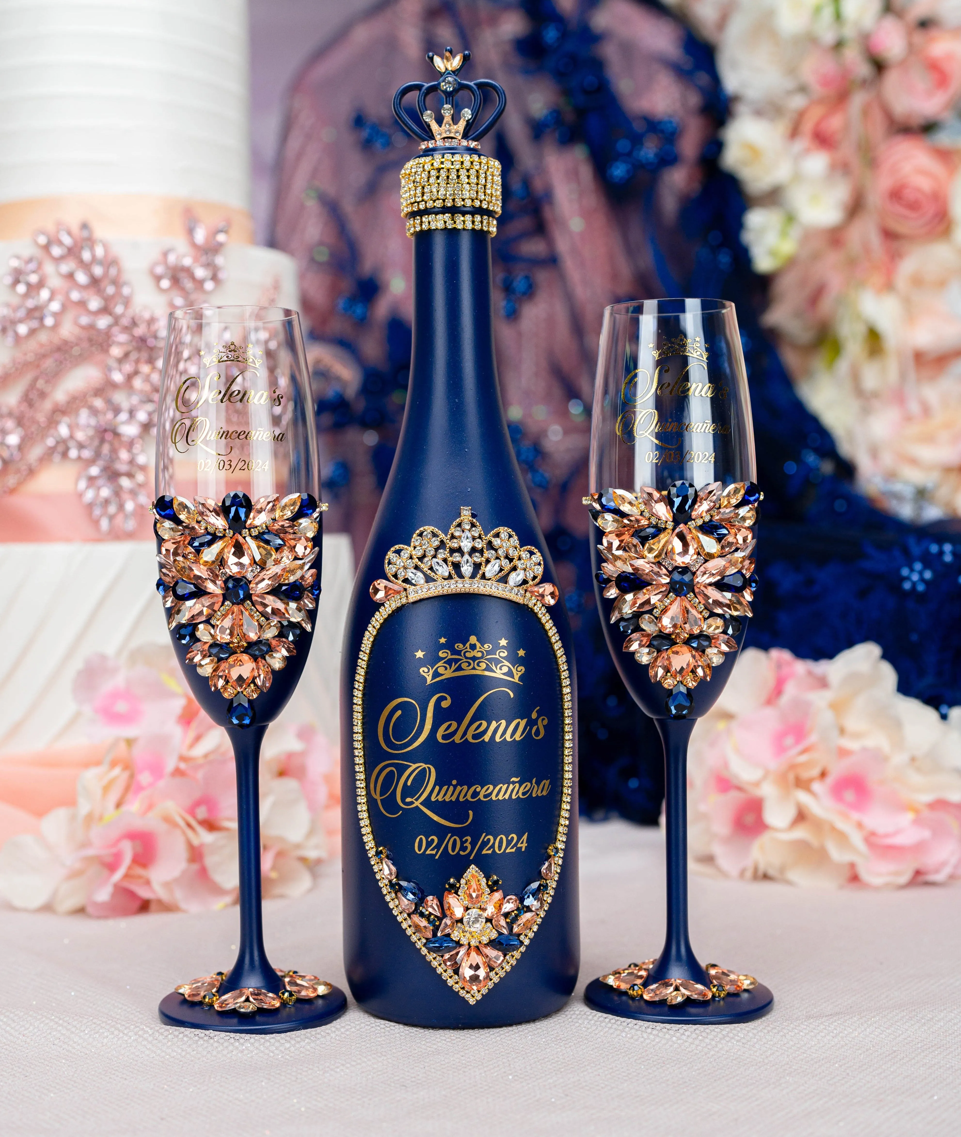 Navy Blue with Rose Gold quinceanera brindis package with bottle