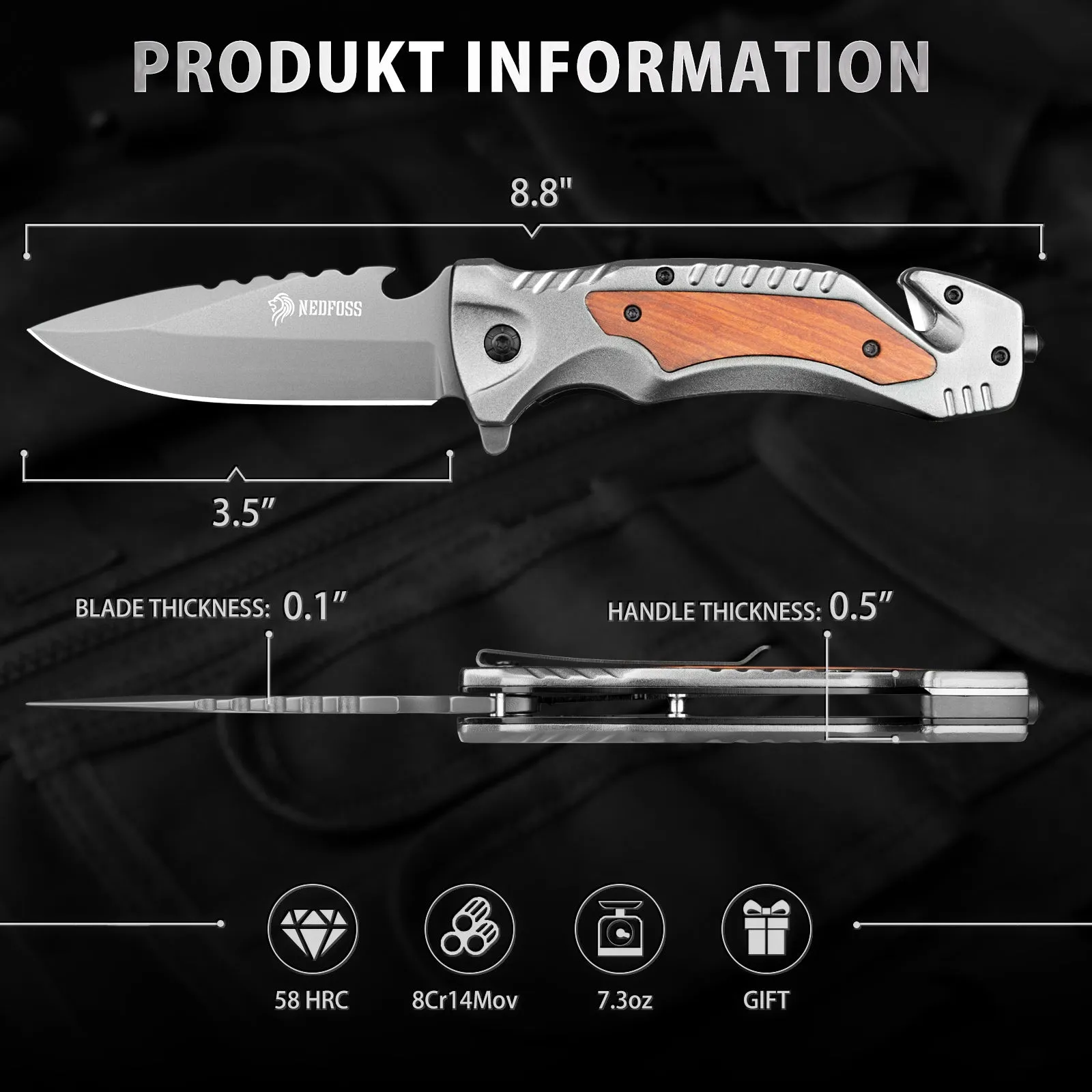 Nedfoss DA169 Tactical Pocket Knife, Folding Knife with Seat Belt Cutter, Glass Breaker, Emergency Rescue Tools