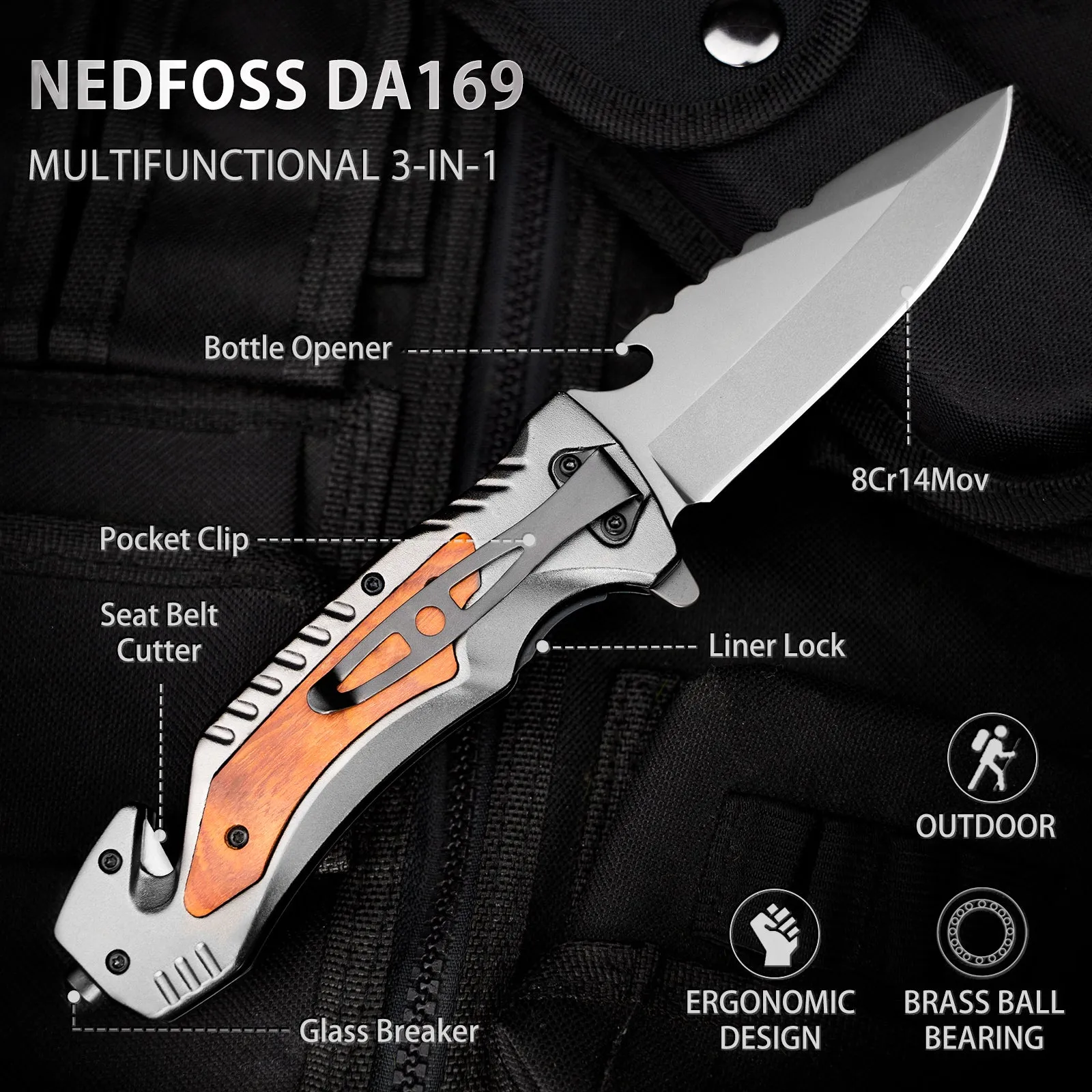 Nedfoss DA169 Tactical Pocket Knife, Folding Knife with Seat Belt Cutter, Glass Breaker, Emergency Rescue Tools