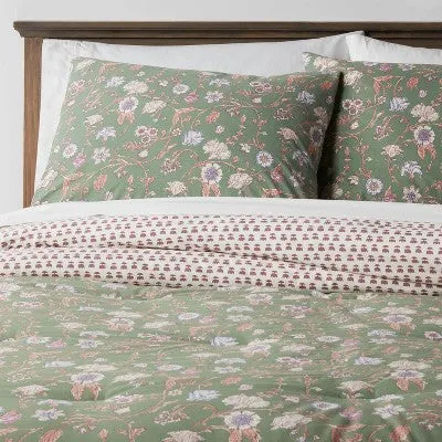 New - 2pc Twin/Twin Extra Long Boho Reversible Printed Comforter & Sham Set Green Floral - Threshold