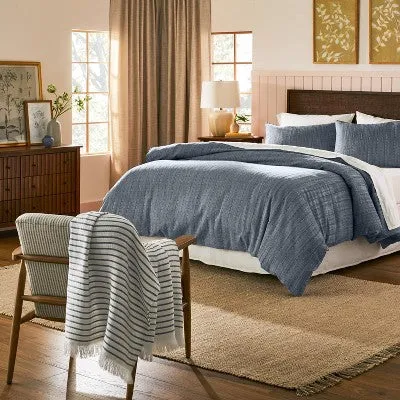 New - 3pc Full/Queen Washed Loop Stripe Comforter Bedding Set Blue - Hearth & Hand with Magnolia