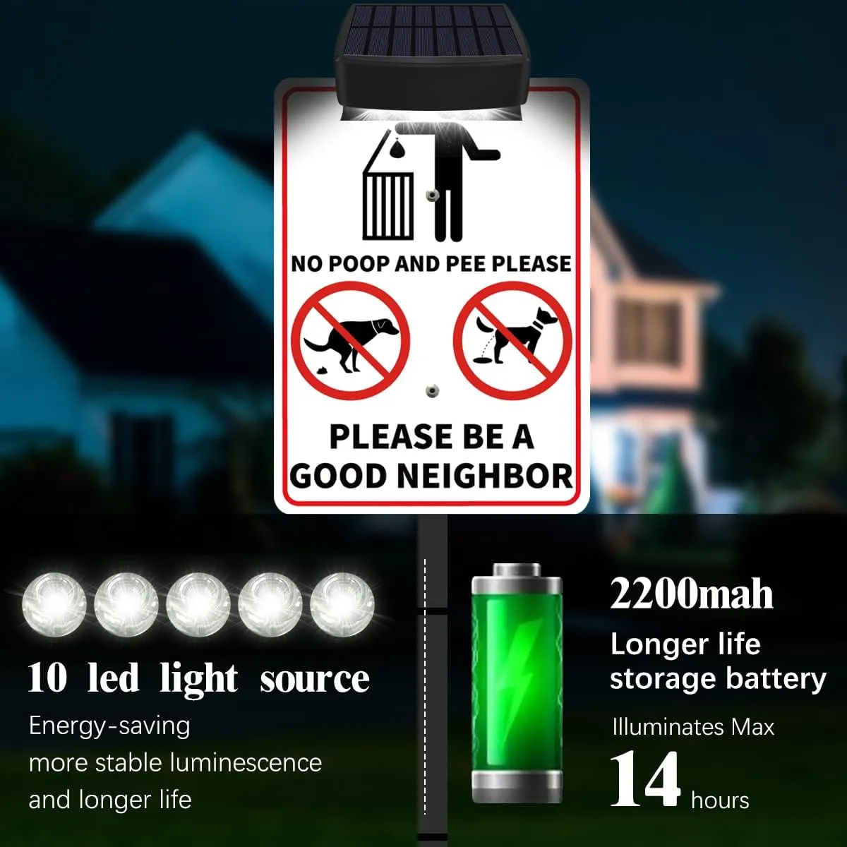 NO POOP Yard Warning Sign Solar Powered, Outdoor Rechargeable LED Illuminated Aluminum Sign with Stake, Reflective Outside Sign Light Up For Houses