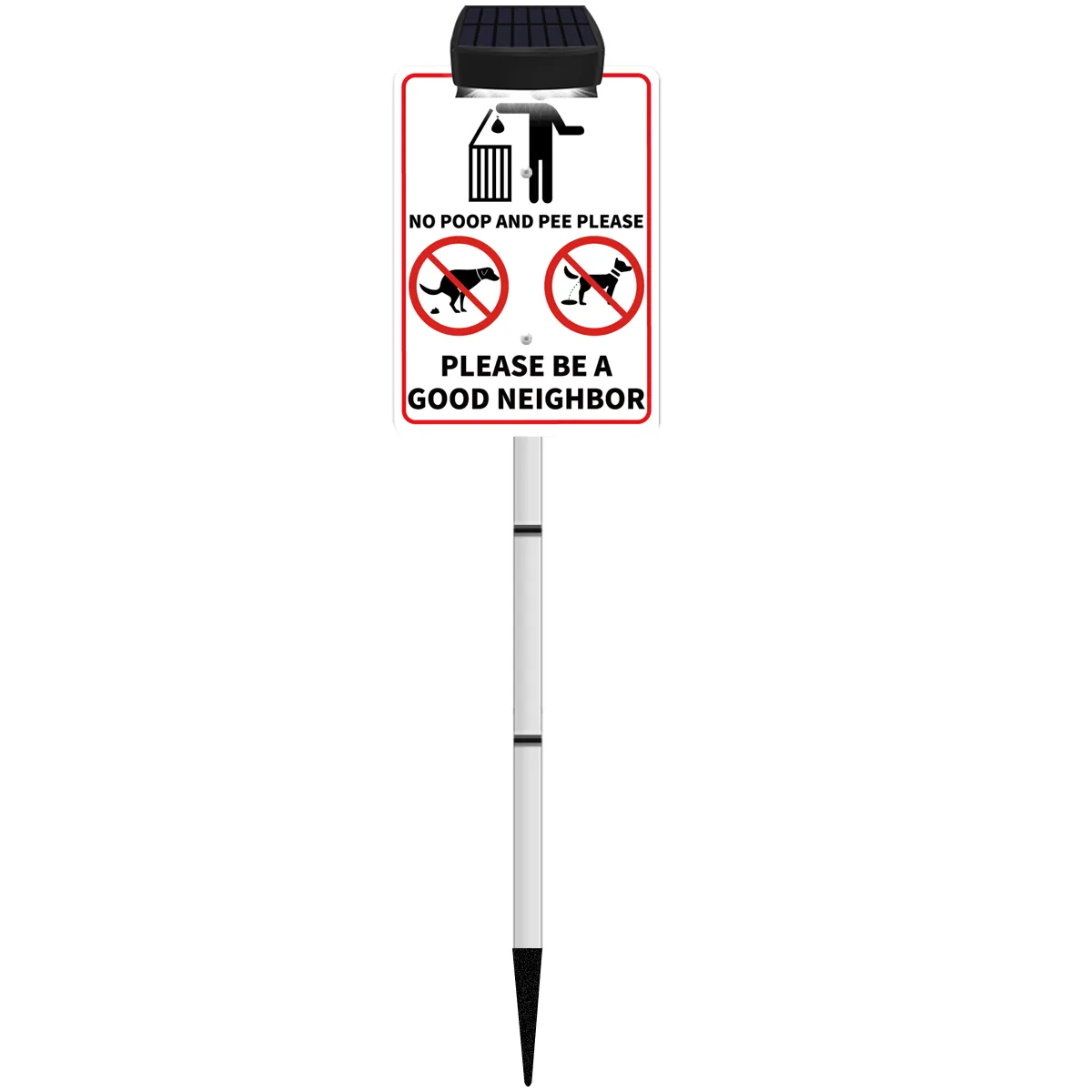 NO POOP Yard Warning Sign Solar Powered, Outdoor Rechargeable LED Illuminated Aluminum Sign with Stake, Reflective Outside Sign Light Up For Houses