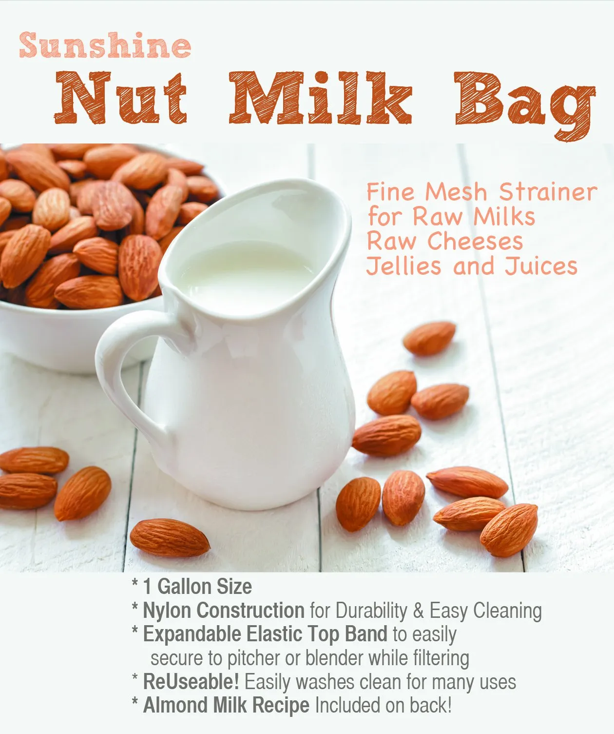 Nut Milk Bag Strainer for Raw Foods, Fine Mesh, 1 Gallon Size - Juicing, Canning, Sprouting and More!