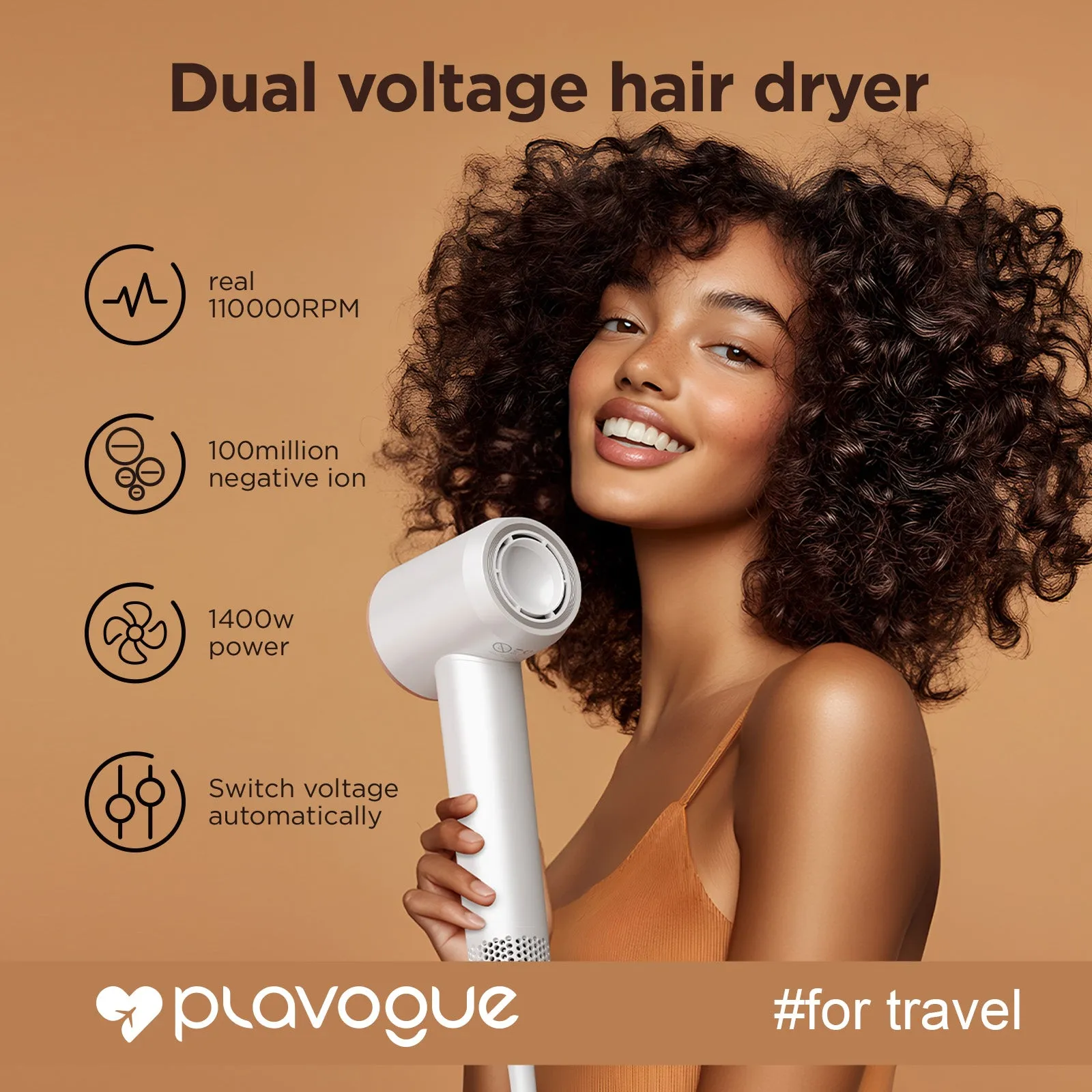 Plavogue Dual Voltage Hair Dryer 100-240V, 200 Million Negative Ionic Blow Dryer with 140,000 RPM Fast Dry, 1500W 4Temps /3Speeds, High Speed Travel Hair Dryer, Thermo-Control Hair Dryers