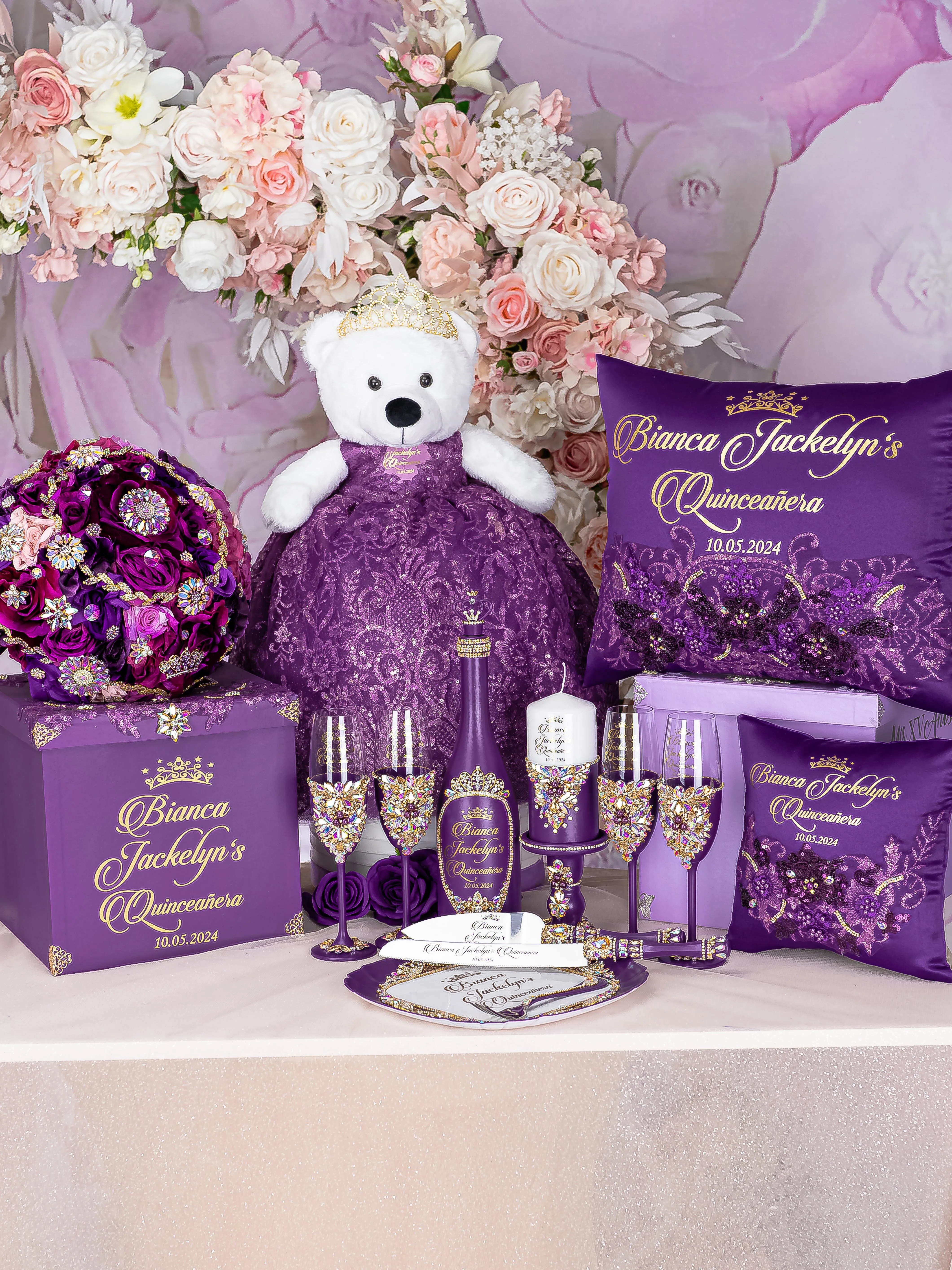 Plum Quinceanera Package of Bottle, Glass and Candle