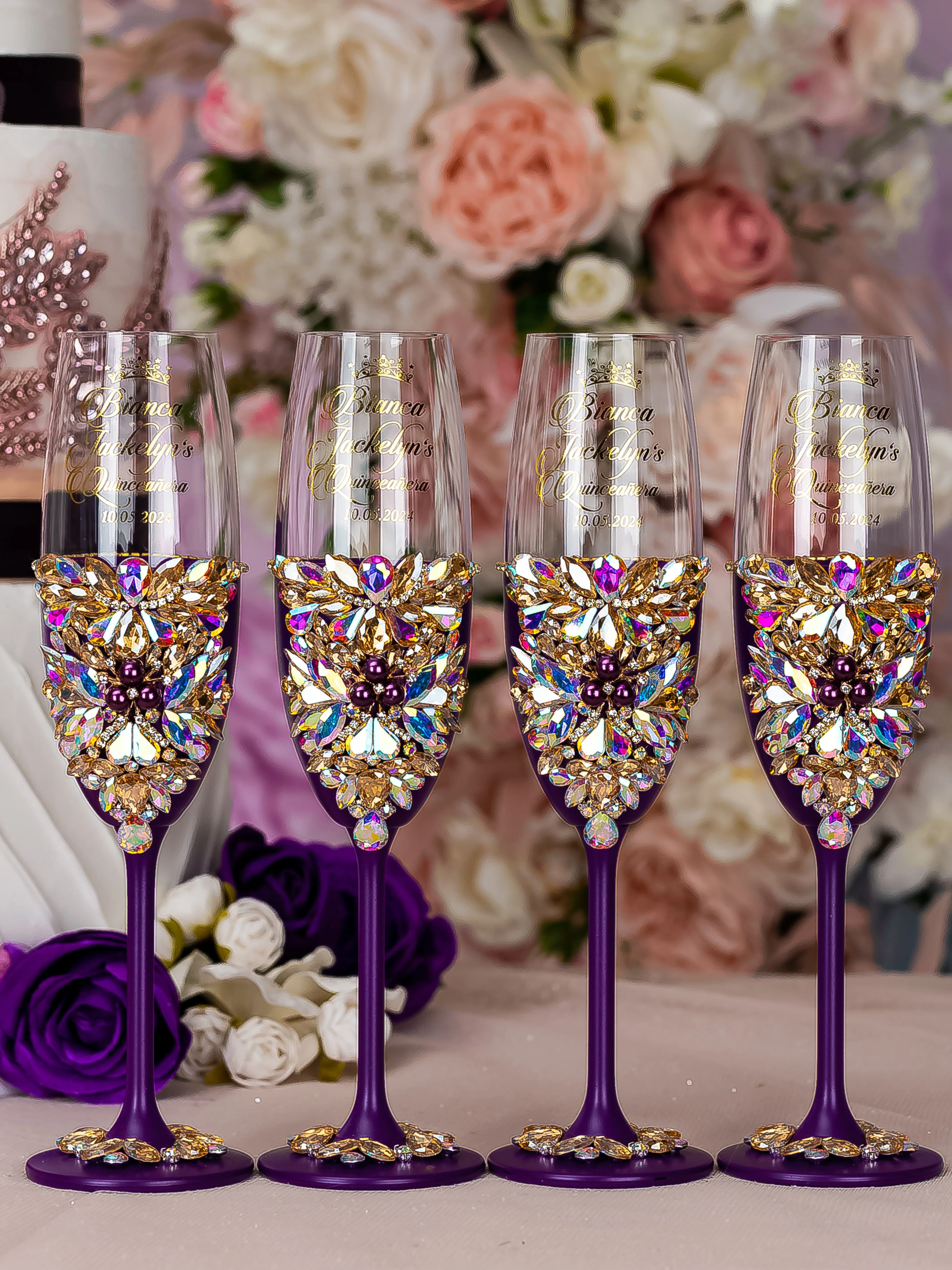 Plum Quinceanera Package of Bottle, Glass and Candle