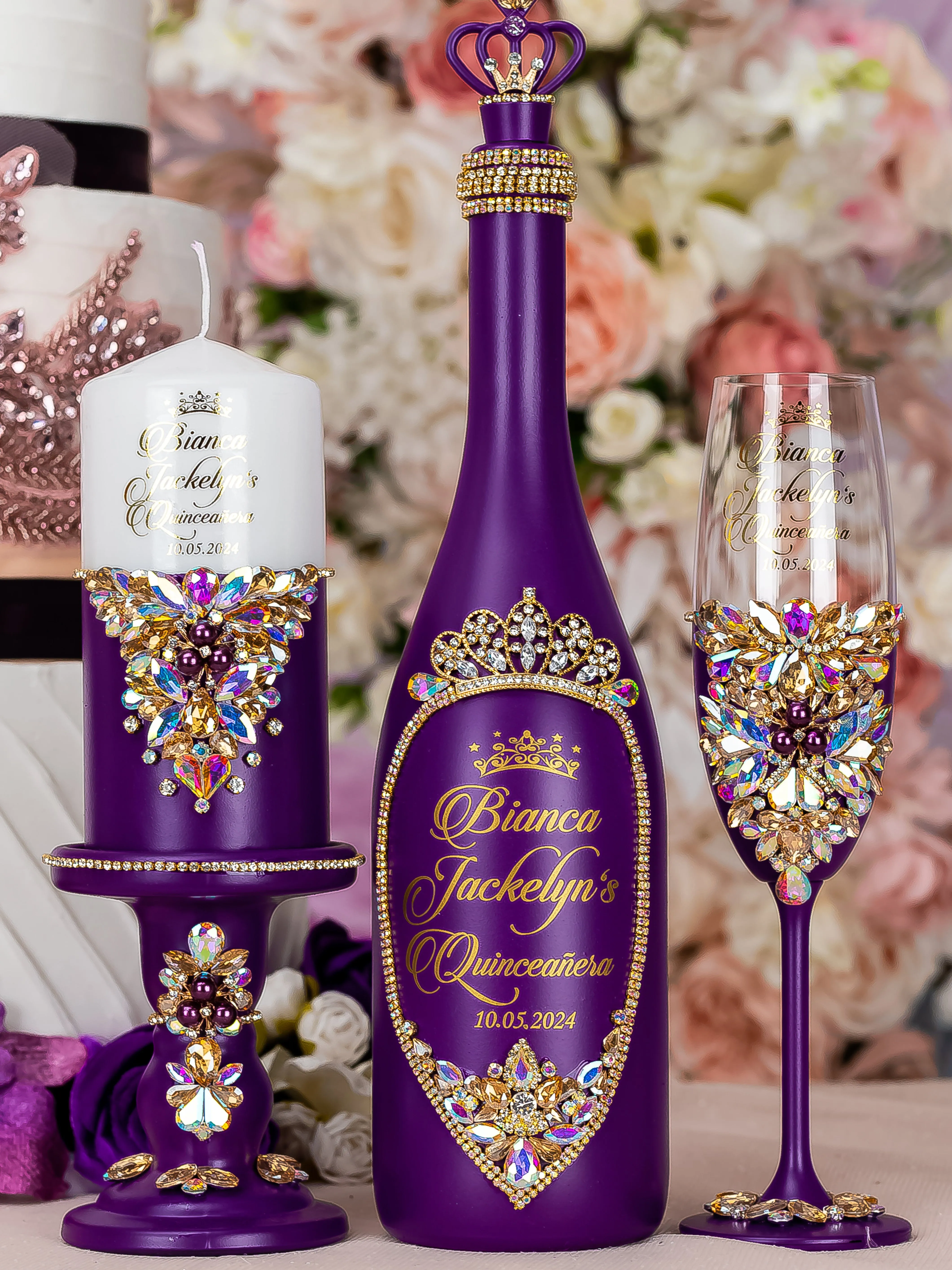 Plum Quinceanera Package of Bottle, Glass and Candle