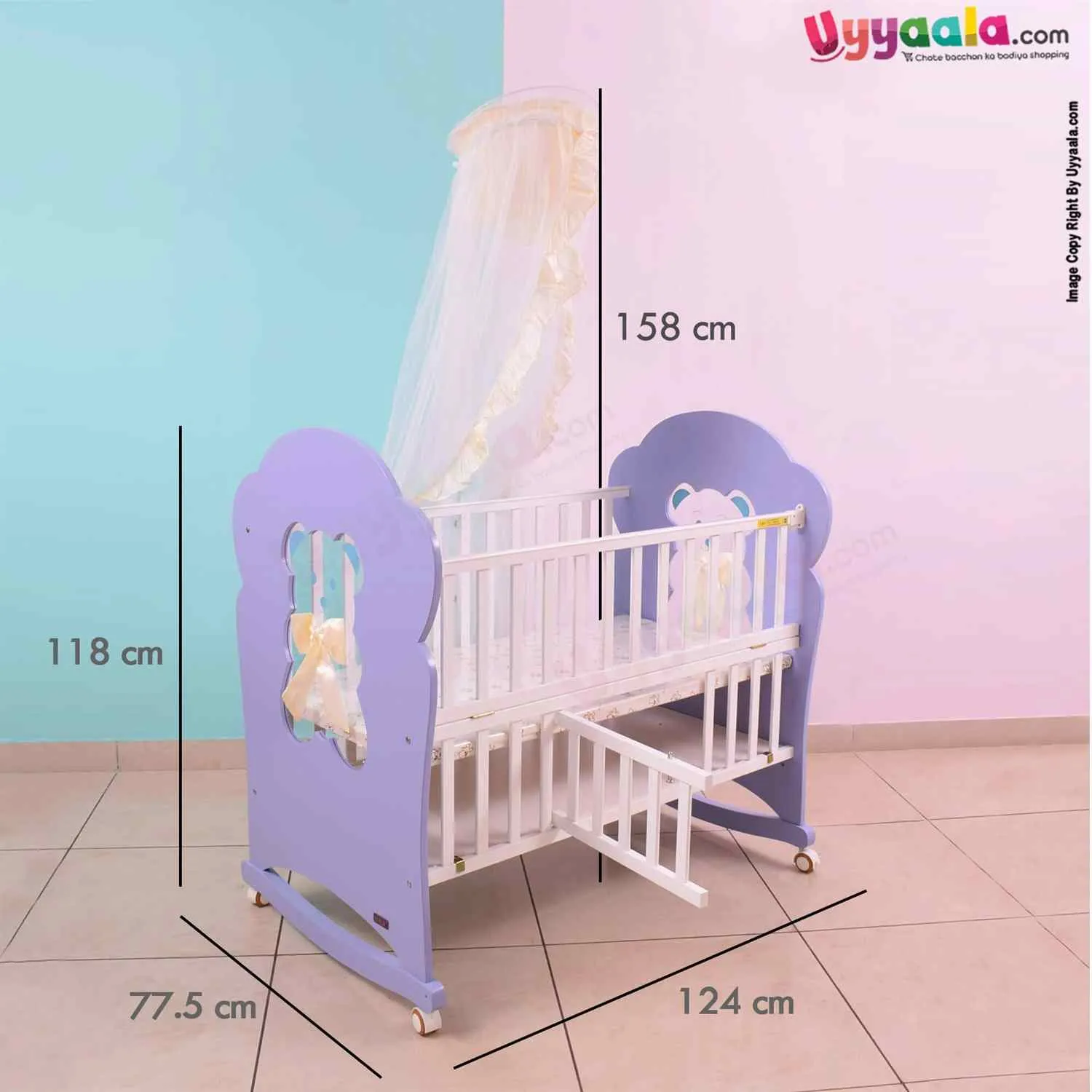 Premium Baby Cradle Cot & Rocker with Canopy Mosquito Net 0 m Age, Purple-White