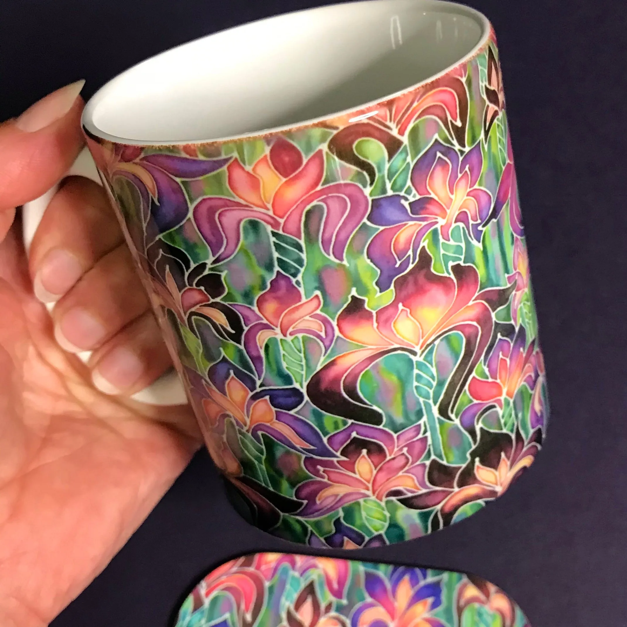 Purple Irises mug - Mug and coaster box set - Flower Mug In Purple  and Green - Mug Gift Set Colours