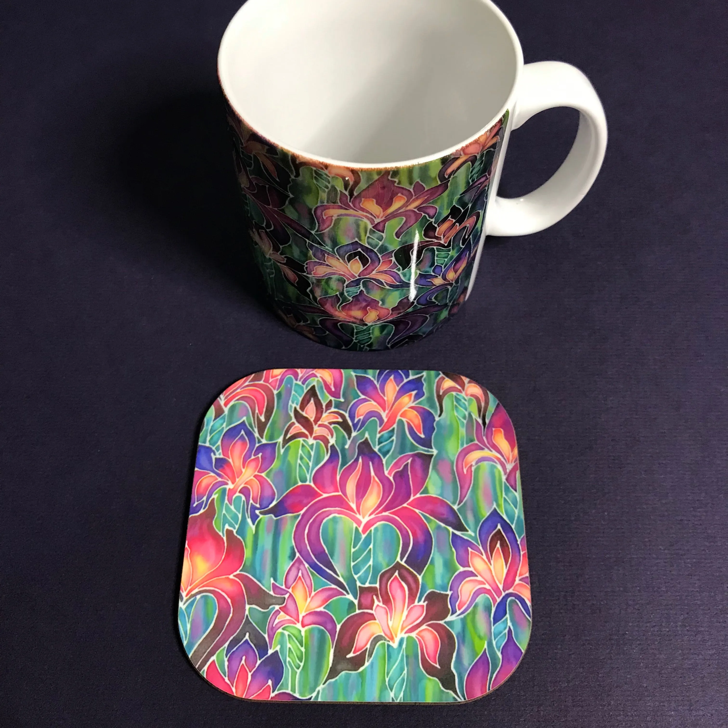 Purple Irises mug - Mug and coaster box set - Flower Mug In Purple  and Green - Mug Gift Set Colours