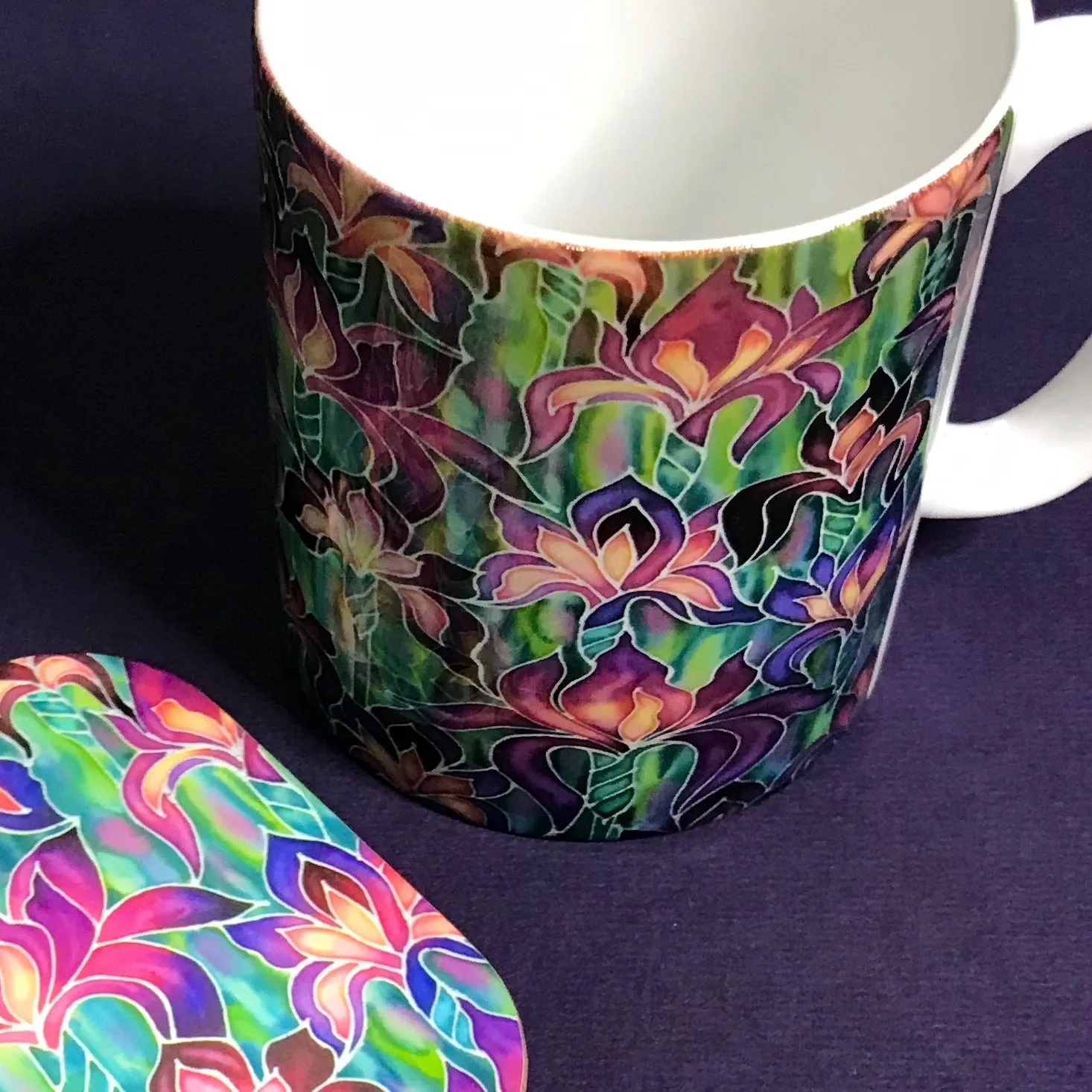 Purple Irises mug - Mug and coaster box set - Flower Mug In Purple  and Green - Mug Gift Set Colours