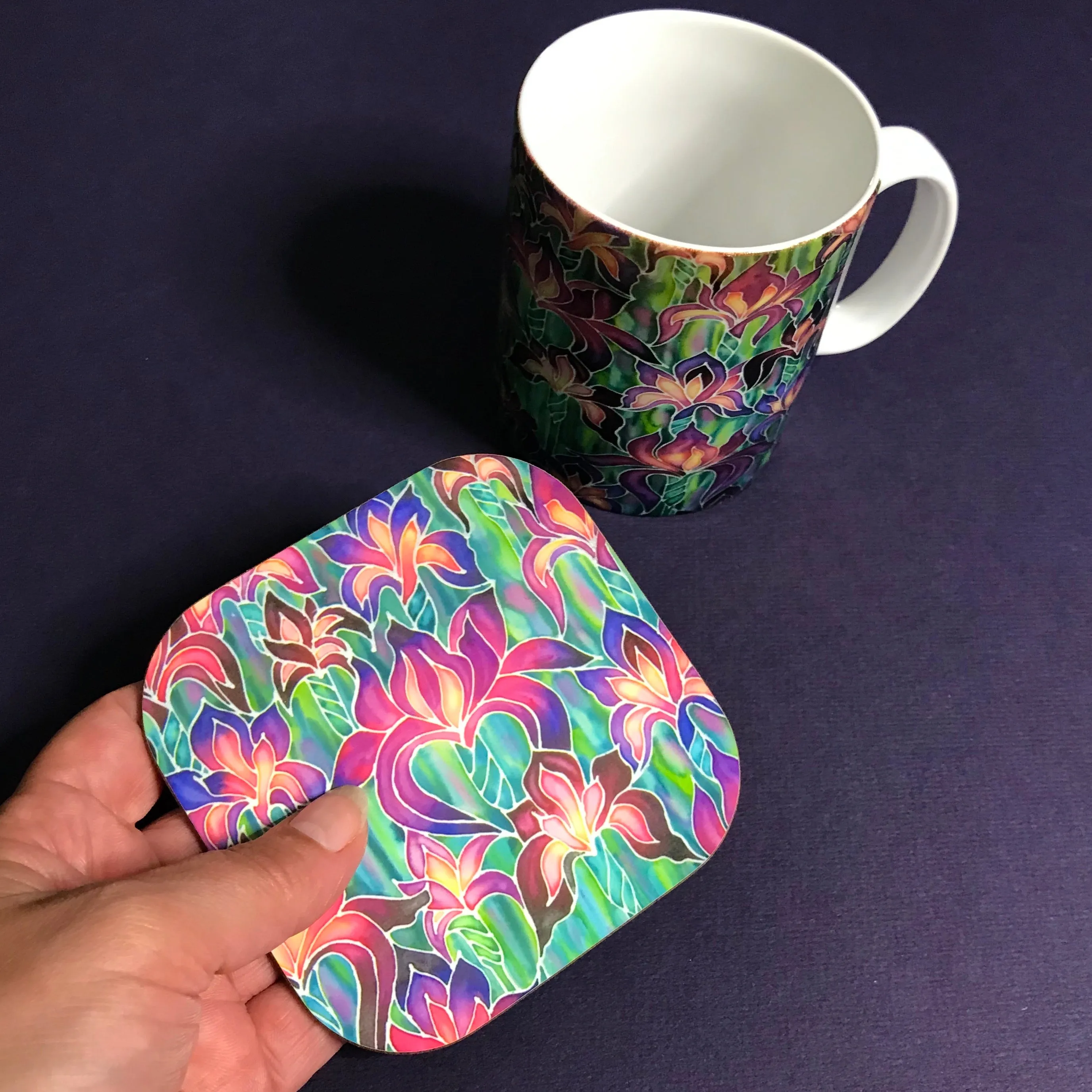 Purple Irises mug - Mug and coaster box set - Flower Mug In Purple  and Green - Mug Gift Set Colours