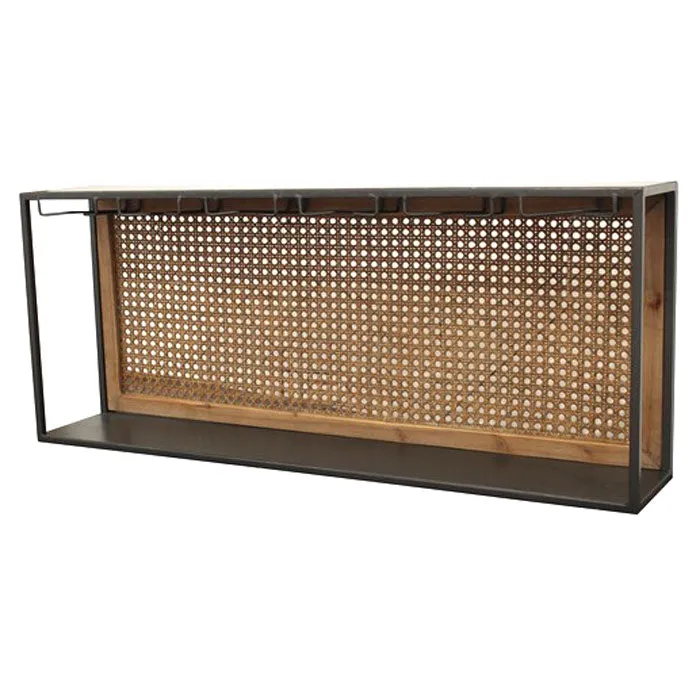 Rattan & Steel Wall Wine Rack With Glass Hangers