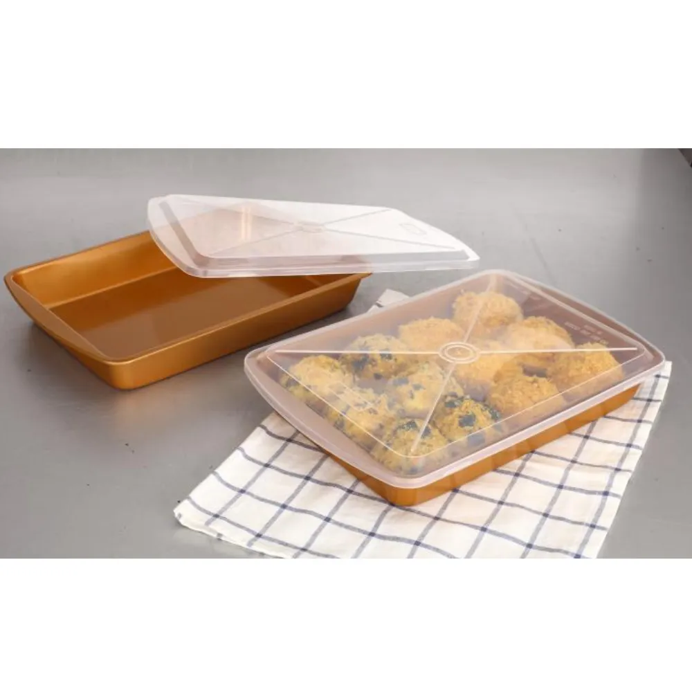 Rectangle Cake Pan With Lid - 2 Sets Toxic Free NONSTICK Baking Roasting Tray Pans With Covers - Organic Environmental Friendly Premium Coating - Durable Quality - 2 X BAKEWARE SET