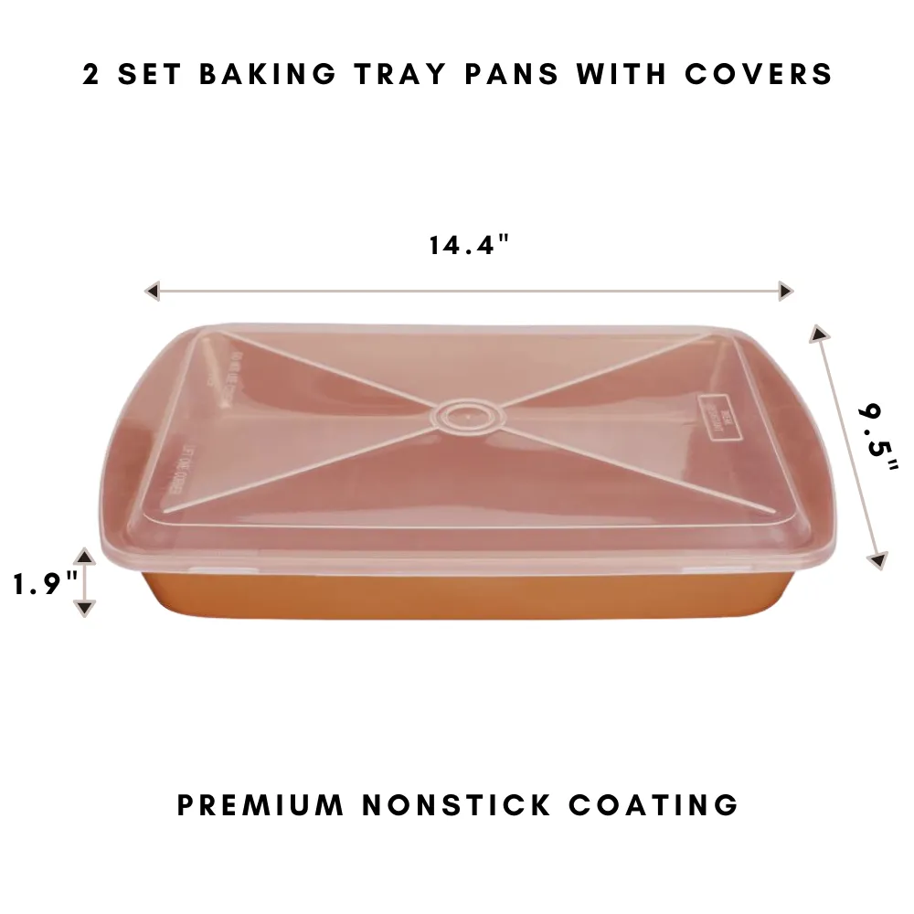 Rectangle Cake Pan With Lid - 2 Sets Toxic Free NONSTICK Baking Roasting Tray Pans With Covers - Organic Environmental Friendly Premium Coating - Durable Quality - 2 X BAKEWARE SET