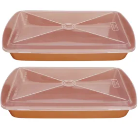 Rectangle Cake Pan With Lid - 2 Sets Toxic Free NONSTICK Baking Roasting Tray Pans With Covers - Organic Environmental Friendly Premium Coating - Durable Quality - 2 X BAKEWARE SET