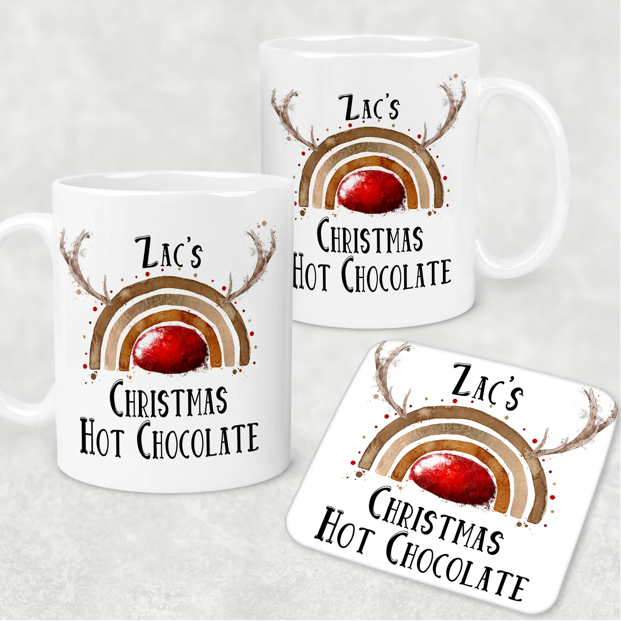 Reinbow Rudolph Rainbow Personalised Christmas Eve Mug and Coaster Set