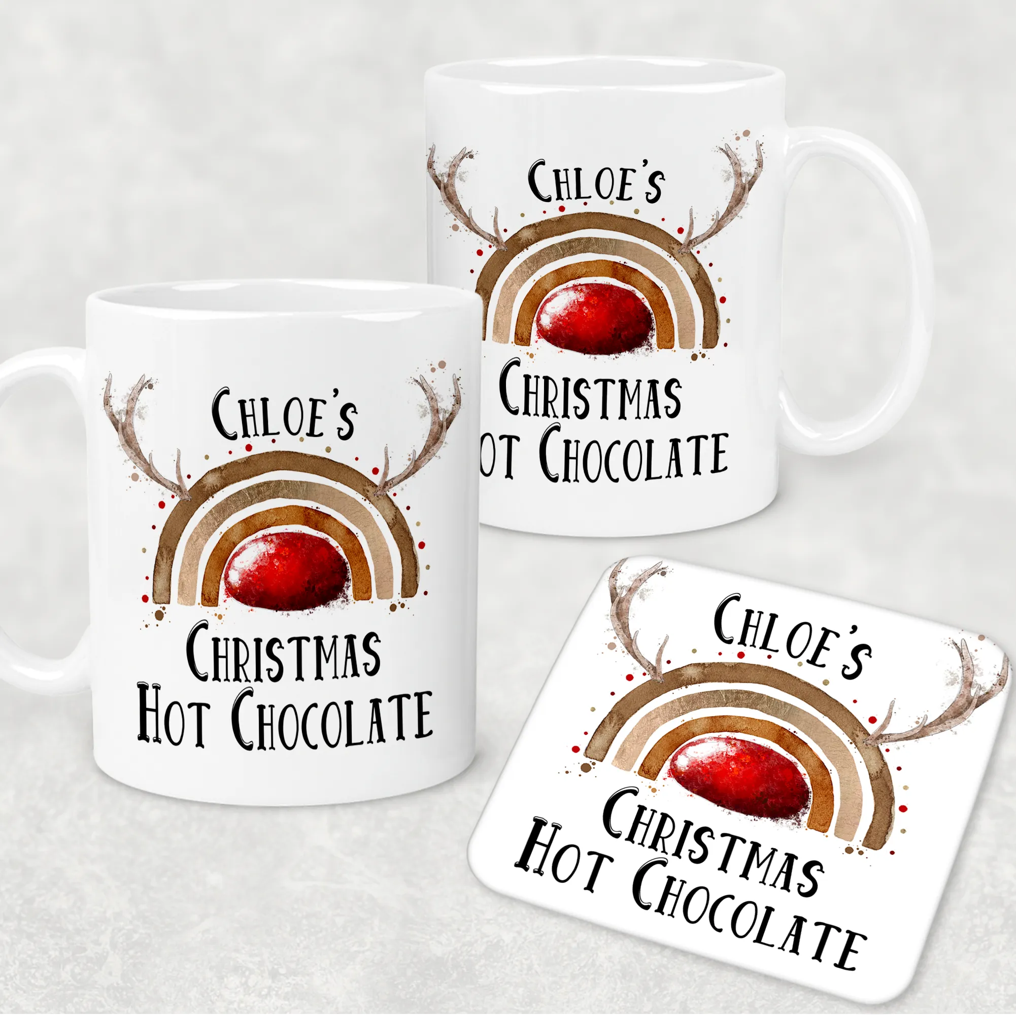 Reinbow Rudolph Rainbow Personalised Christmas Eve Mug and Coaster Set