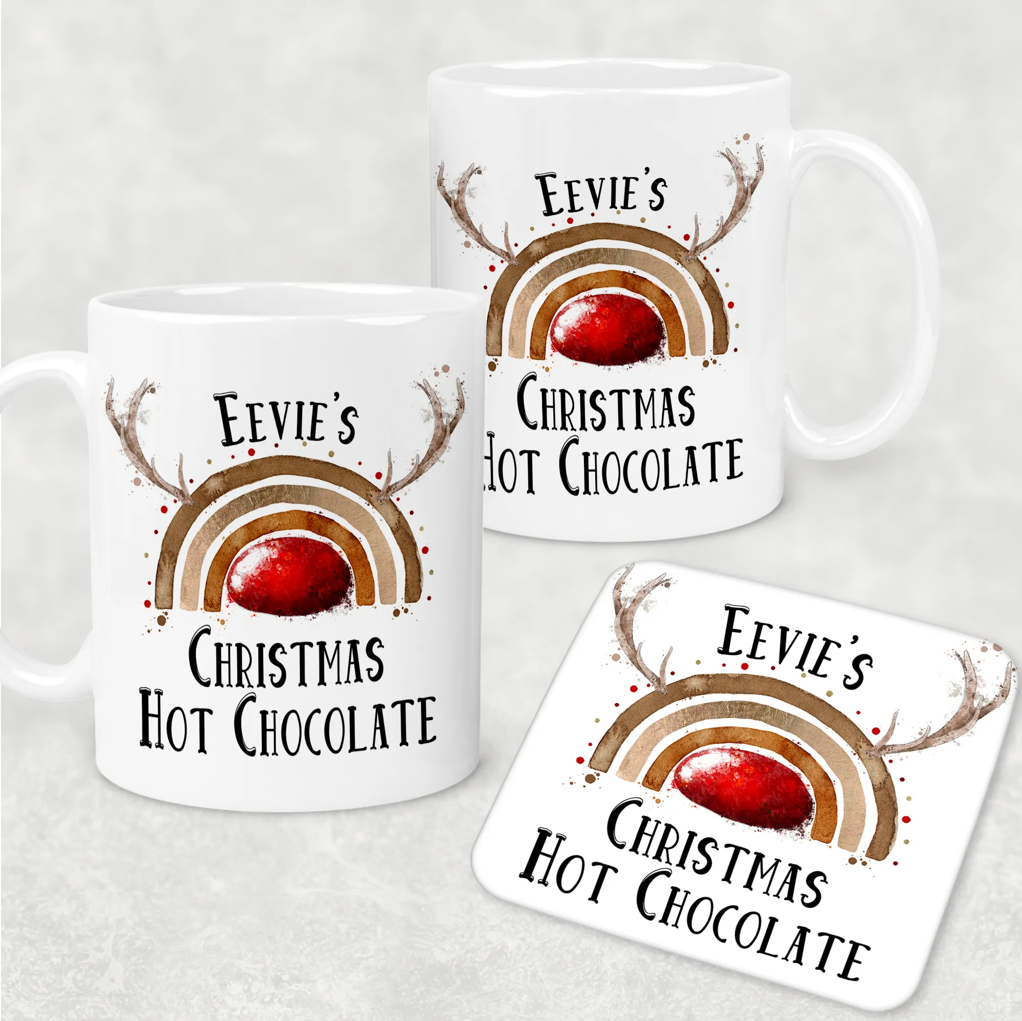 Reinbow Rudolph Rainbow Personalised Christmas Eve Mug and Coaster Set