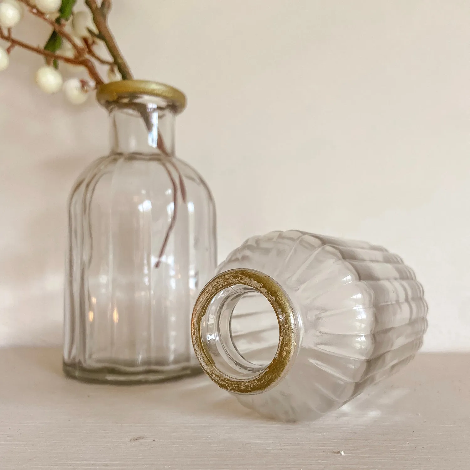 Set Of 2 Gold Rim & Clear Glass Bottle Vases Florence