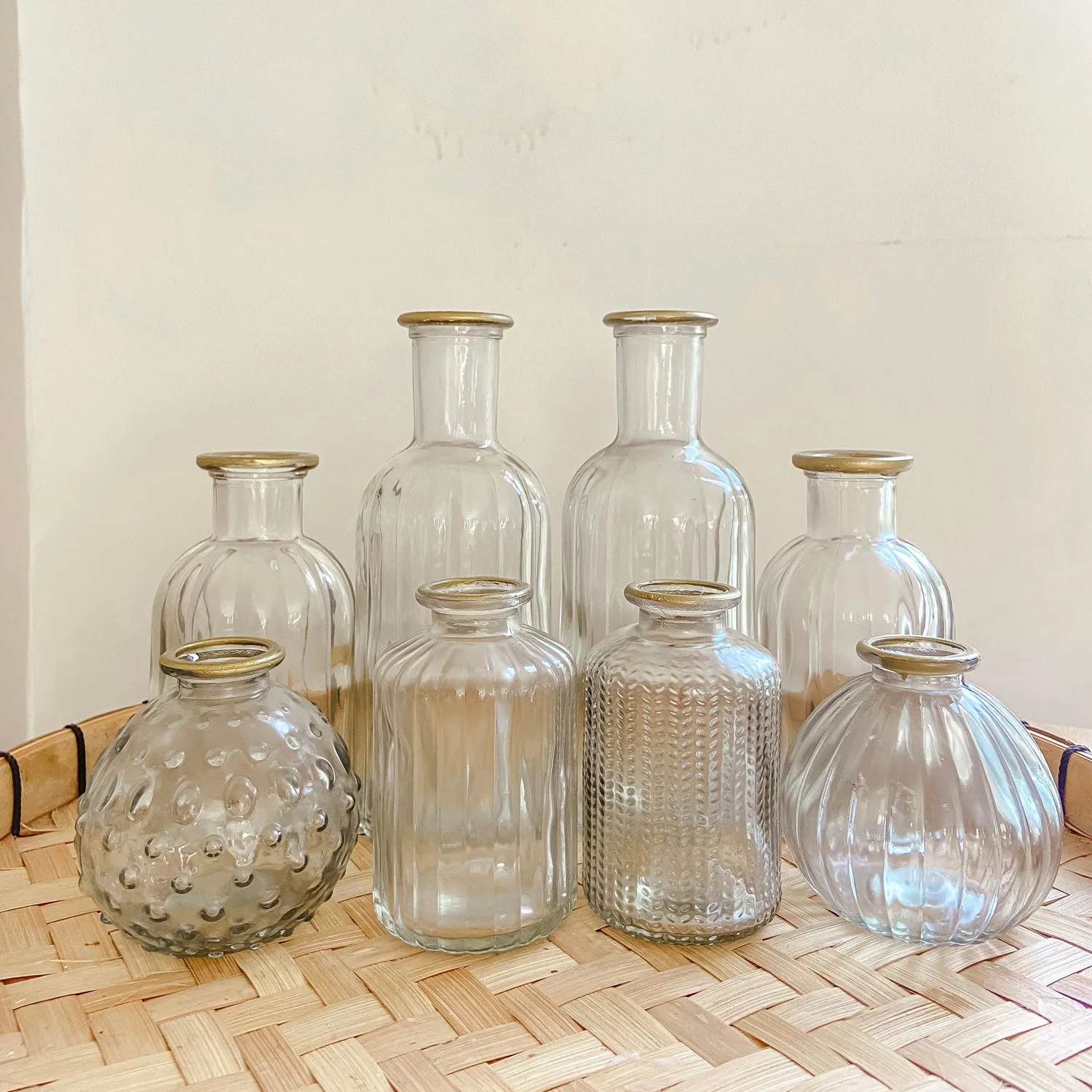 Set Of 2 Gold Rim & Clear Glass Bottle Vases Florence