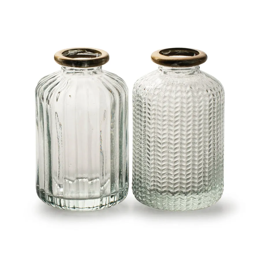 Set Of 2 Gold Rim & Clear Glass Bottle Vases Florence